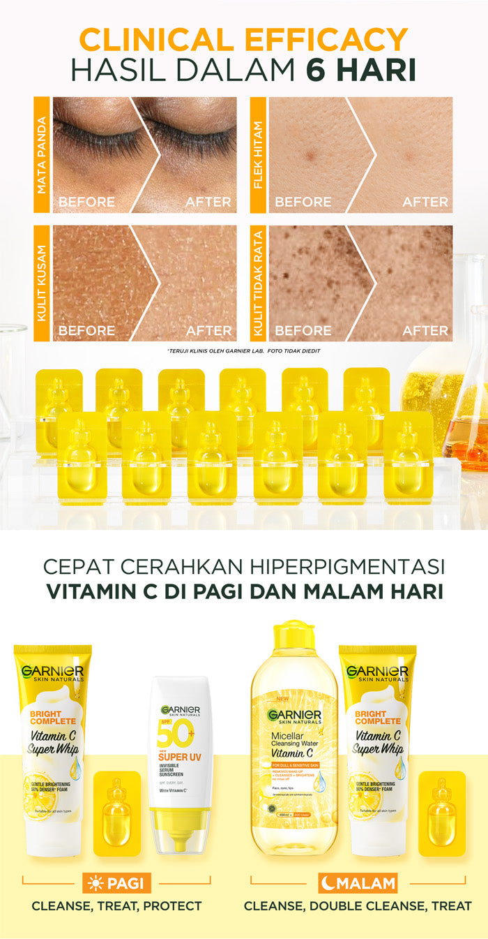 GARNIER Serum Vitamin C Bright Complete Vitamin C Ampoule Serum Skincare - 1.5 ml Serum Mencerahkan Wajah Cepat Cerahkan Noda Hitam Serum Wajah