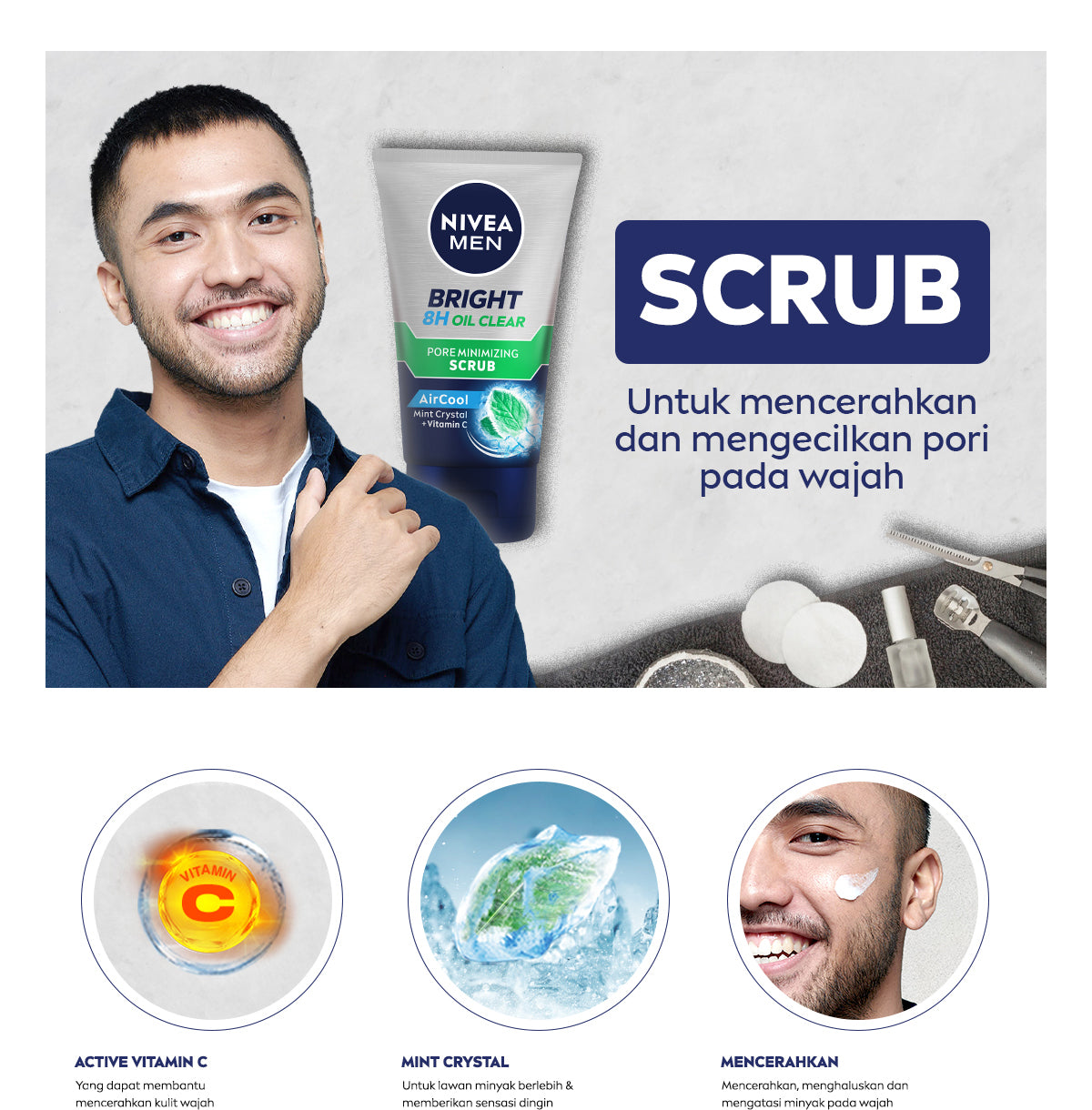 NIVEA MEN Face Scrub Bright Oil Clear Pore Minimizing Scrub 100ml - Sabun cuci muka pria scrub mencerahkan minyak berlebih berminyak kulit kusam pembersih wajah cerah mengecilkan pori komedo polusi debu kotoran - Vitamin C, Mint Crystal, Scrub halus