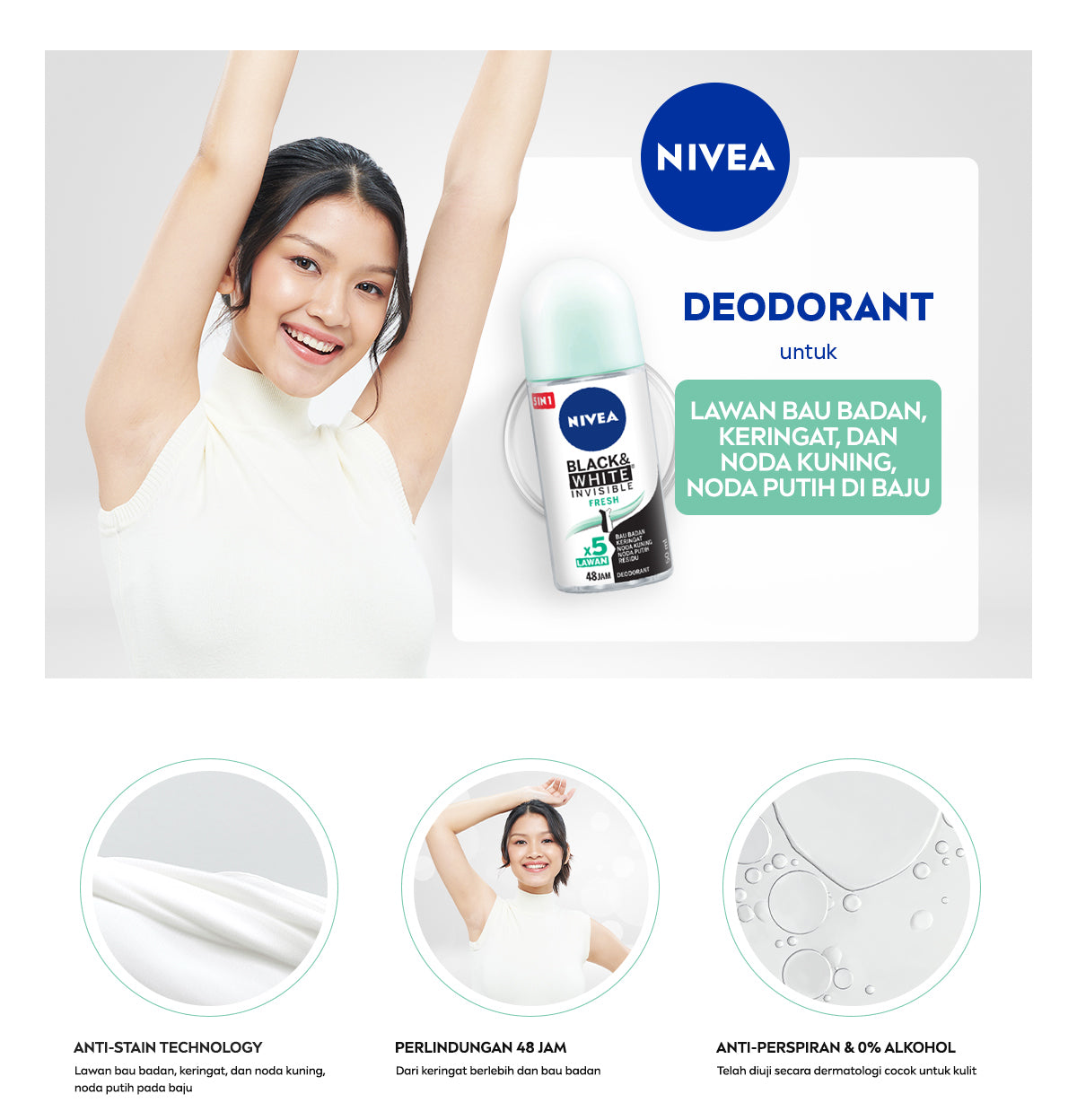 NIVEA Deodorant Roll On Black & White Invisible Fresh 50ml - Deodoran wanita melawan bau badan tahan keringat anti noda residu dengan wangi segar tahan lama seharian - Antiperspiran, tidak mengandung ethyl alkohol cocok semua jenis kulit