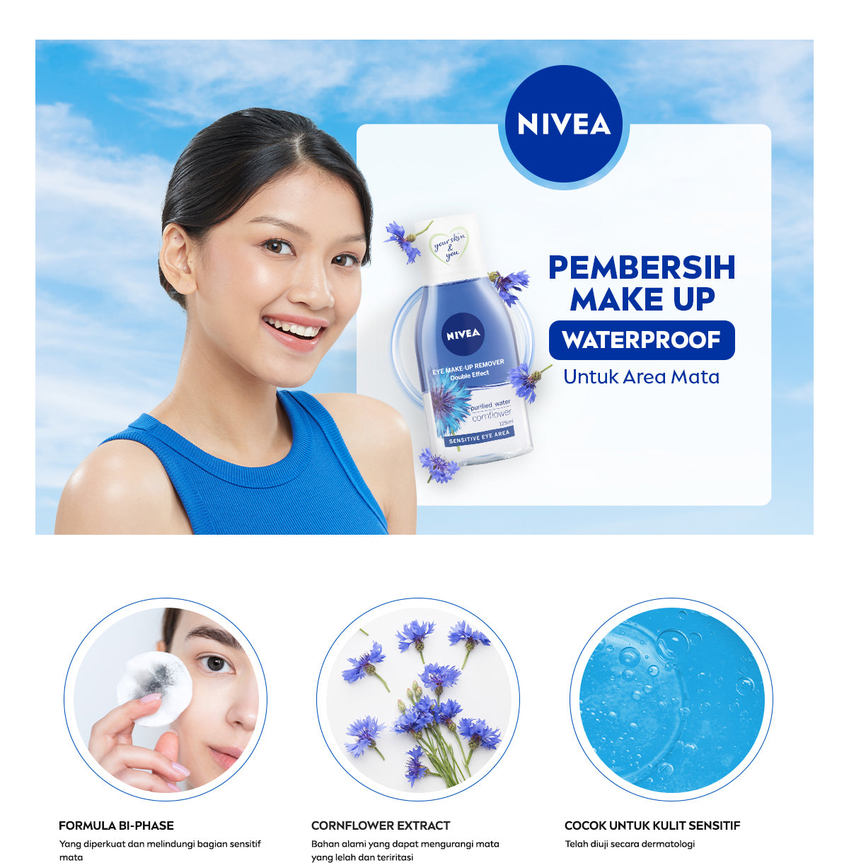 NIVEA Eye Makeup Remover Double Effect 125ml - Pembersih make up mata bibir mascara make up riasan tebal waterproof tidak perih cocok untuk kulit sensitif biphase oil micellar - Corn Flower, Purified Water