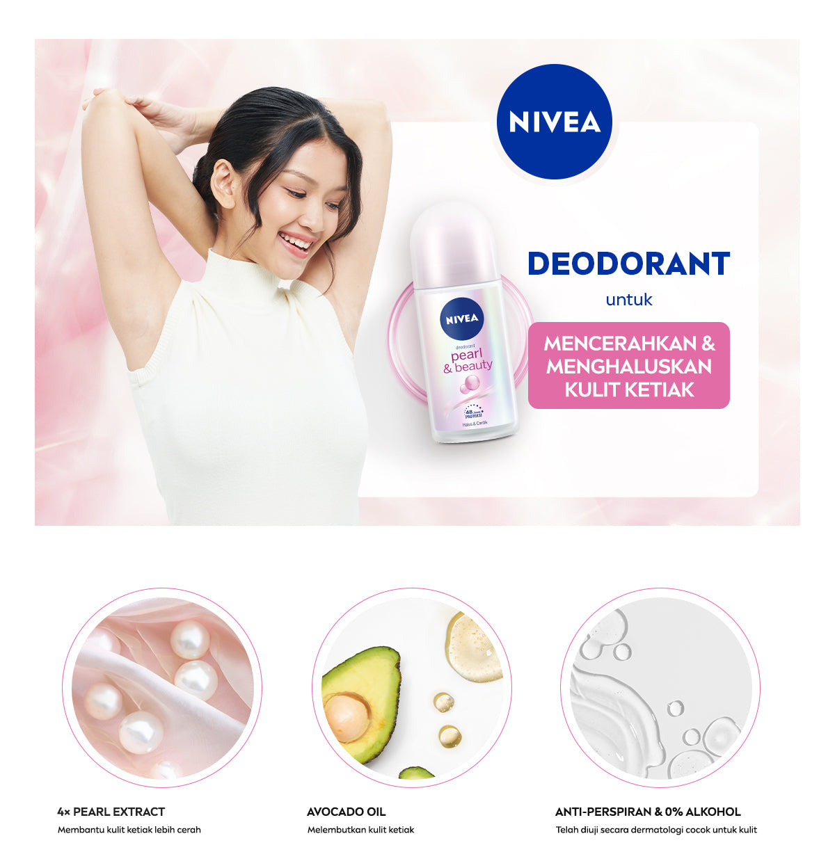 NIVEA Deodorant Roll On Pearl & Beauty 50ml - Deodoran wanita mencerahkan brightening glowing kulit ketiak halus tahan keringat dan anti bau badan - Antiperspiran, Ekstrat mutiara, Avocado oil, 0% alkohol cocok untuk semua jenis kulit