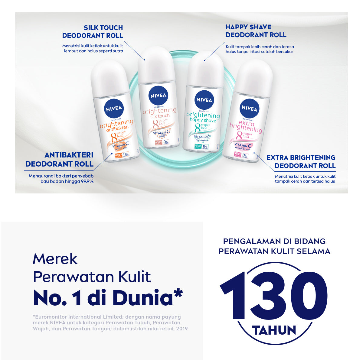 NIVEA Deodorant Roll On Brightening Happy Shave 50ml - Deodoran wanita mencerahkan mencerahkan brightening ketiak halus mulus mengurangi iritasi setelah bercukur - Vitamin C, Pro-vitamin B5, Aloe vera, 0% alkohol cocok semua jenis kulit