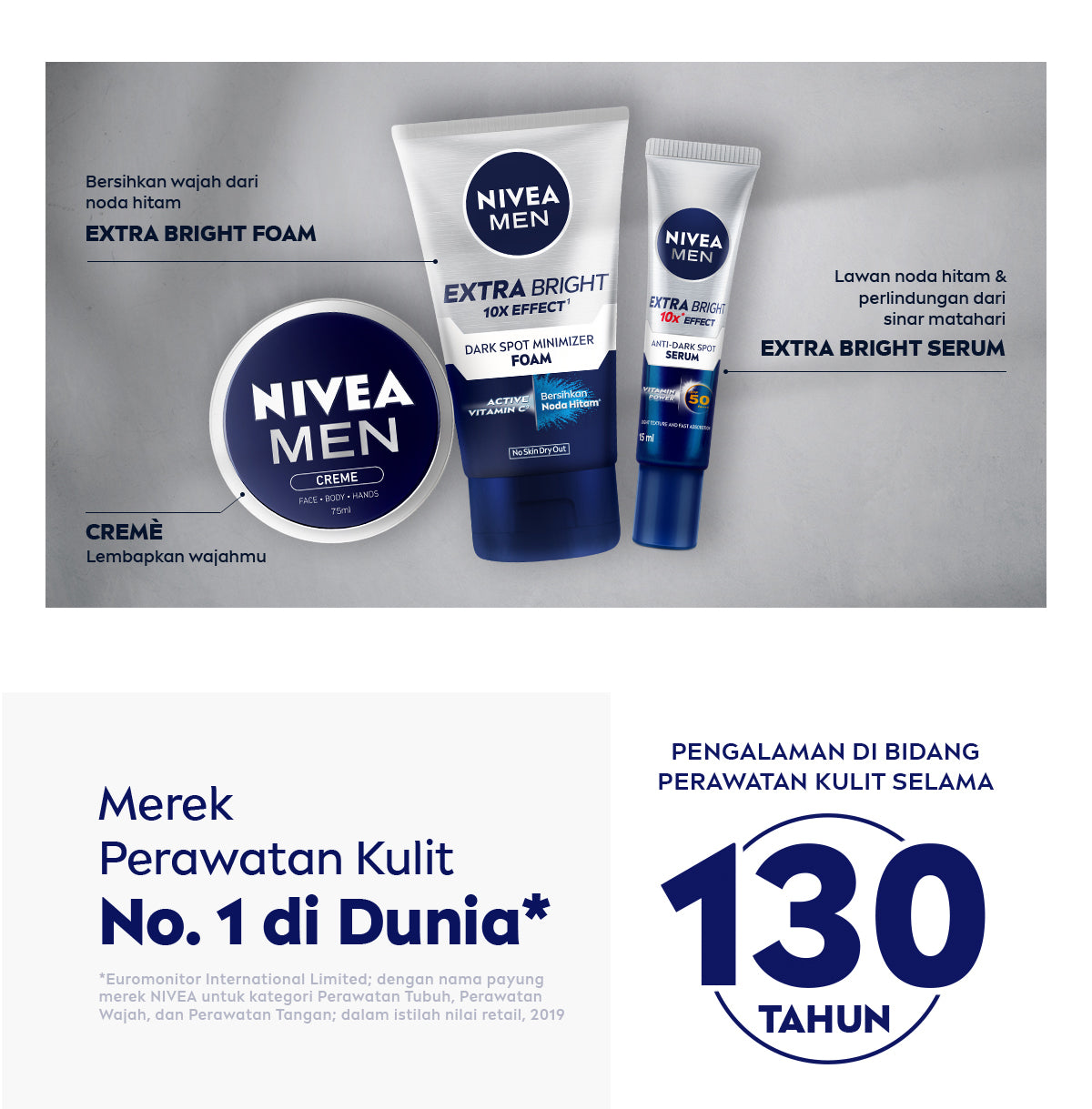 NIVEA MEN Facial Foam Extra Bright Facial Foam 100ml - Sabun cuci muka pria mencerahkan bintik hitam brightening kulit kusam cleanser facial wash pembersih wajah cerah membersihkan pori pori terdalam polusi debu kotoran - Glutathione, AHA, Vitamin C