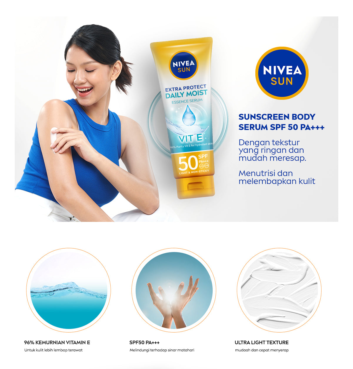 NIVEA SUN Sunscreen Body Serum Daily Glow Essence Serum SPF50+ PA+++ 180ml - Sunscreen badan serum sunblock melmebapkan lembab SPF UV harian lightweight tekstur ringan cepat meresap tidak lengket no whitecast blue light polusi - 96% Vitamin E