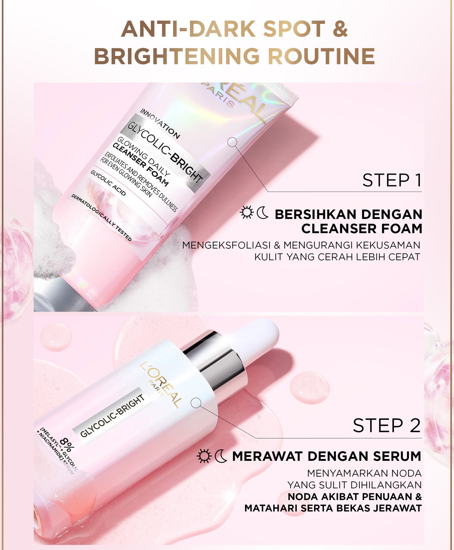 L'Oreal Paris Glycolic Bright 8% [MELASYL + GLYCOLIC + NIACINAMIDE] ANTI-DARK SPOT BRIGHTENING SERUM (Mencerahkan kulit & Menyamarkan Noda hitam bahkan bekas jerawat sekalipun)  Kulit Kusam, Noda Hitam, Bekas Jerawat, Eksfoliasi  Brightening serum