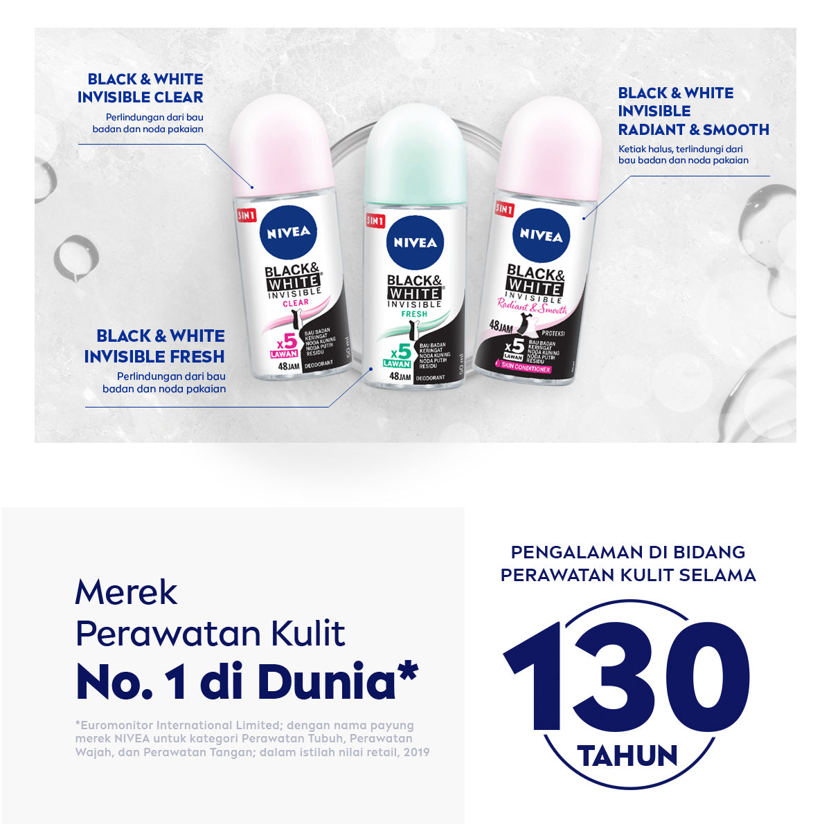 NIVEA Deodorant Roll On Black & White Invisible Fresh 50ml - Deodoran wanita melawan bau badan tahan keringat anti noda residu dengan wangi segar tahan lama seharian - Antiperspiran, tidak mengandung ethyl alkohol cocok semua jenis kulit