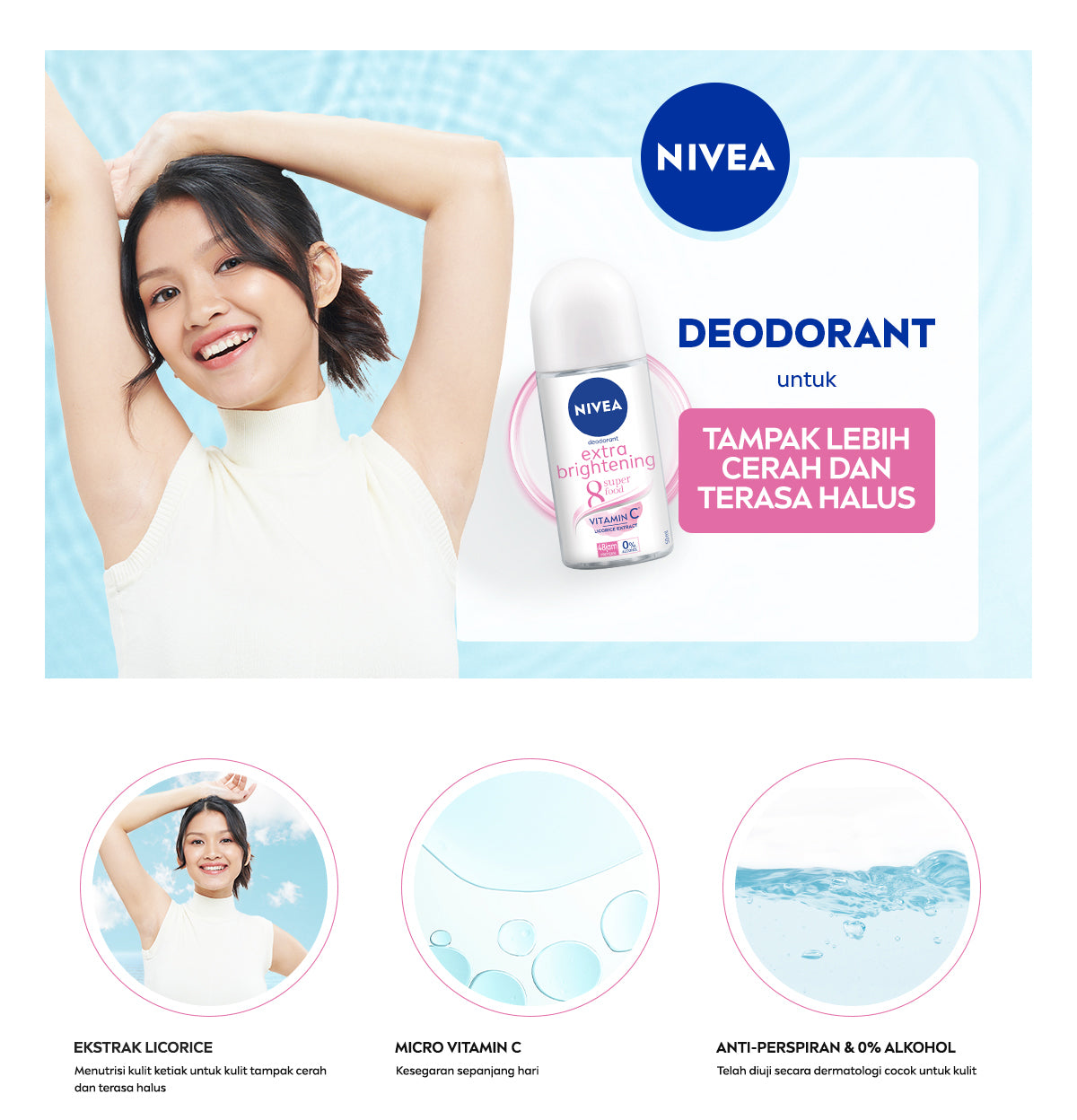 NIVEA Deodorant Roll On Extra Bright Radiant & Smooth 50ml - Deodoran wanita mencerahkan ketiak brightening glowing wangi segar tahan lama seharian anti bau badan keringat - Vitamin C, Ekstrak Licorice, 0% alkohol cocok semua jenis kulit