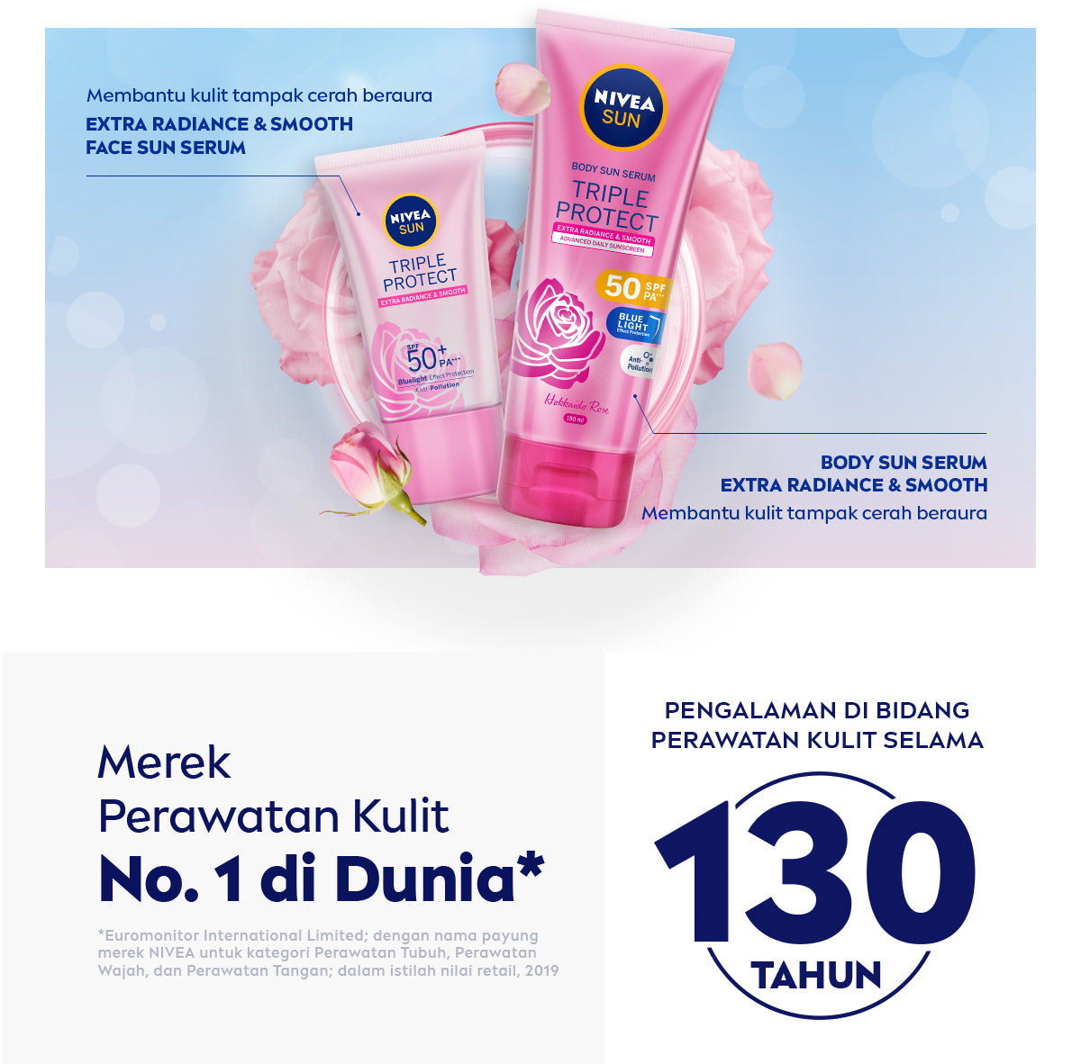 NIVEA SUN Sunscreen Body Serum Triple Protect Extra Radiance & Smooth SPF50 PA+++ 180ml - Sunscreen badan serum sunblock mencerahkan SPF UV harian lightweight tekstur ringan cepat meresap tidak lengket no whitecast blue light polusi - Hokkaido Rose