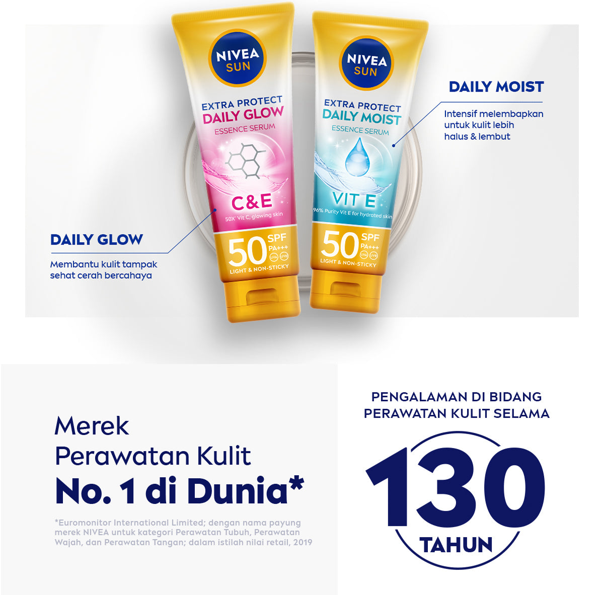 NIVEA SUN Sunscreen Body Serum Daily Glow Essence Serum SPF50+ PA+++ 180ml - Sunscreen badan serum sunblock mencerahkan SPF UV harian lightweight tekstur ringan cepat meresap tidak lengket no whitecast blue light polusi - 50x Vitamin C, Vitamin E