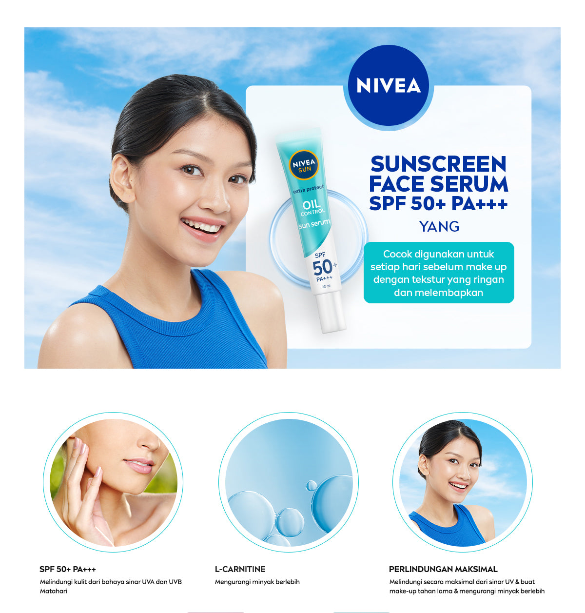 NIVEA SUN Sunscreen Face Serum Extra Protect Oil Control SPF50+ PA+++ 30ml - Sunscreen wajah serum sunblock tidak berminyak SPF UV harian lightweight gel tekstur ringan cepat meresap tidak lengket no whitecast - L-Carnitine