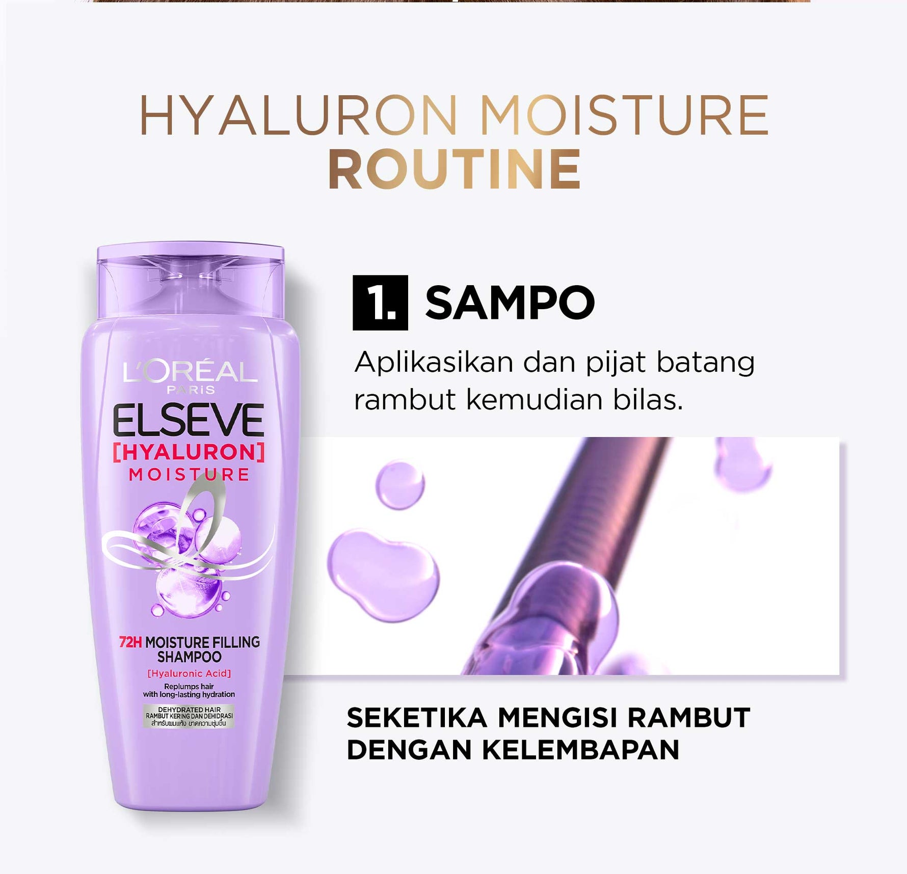 L’Oréal Paris Elseve Hyaluron Moisture Shampoo - 280 ml (Hyaluronic Acid 72 Jam Mengunci Hidrasi Rambut) - Shampo Rambut Terurai Indah dan Tidak Lepek