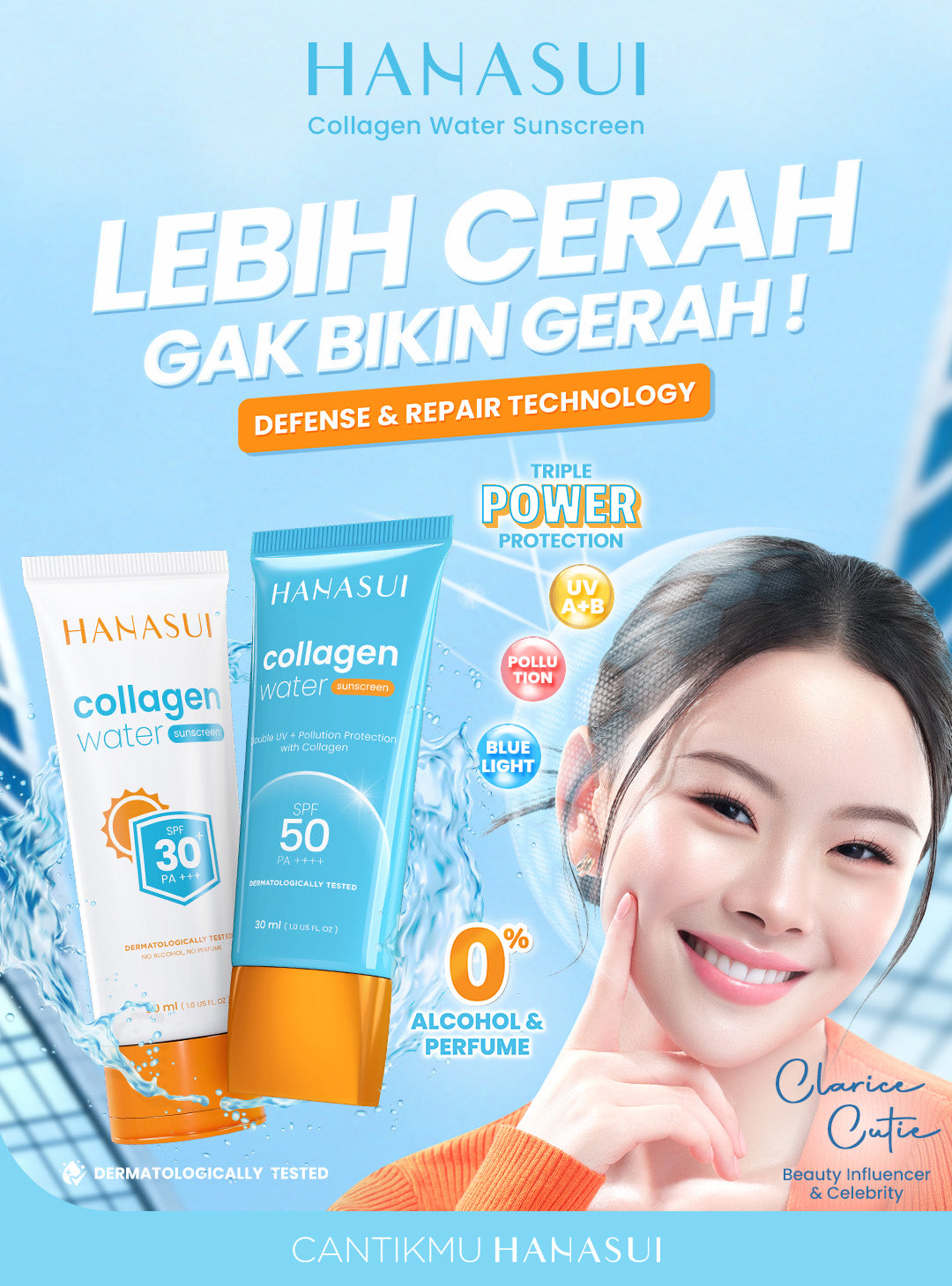 【5pcs Hemat】Hanasui Collagen Water Sunscreen - SPF 50 & SPF 30 - Ringan & Menenangkan Kulit No Whitecast Tidak Kusam Berminyak