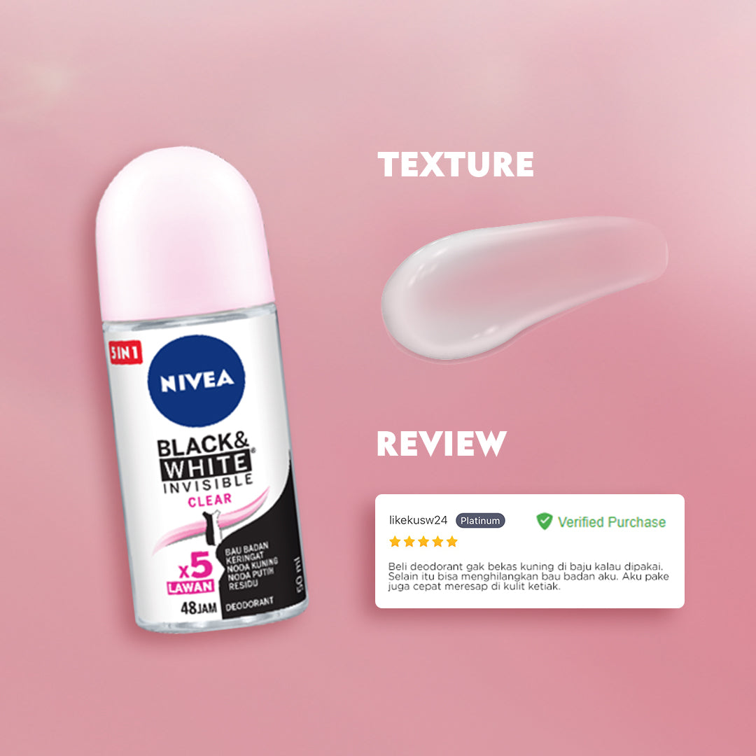 NIVEA Deodorant Roll On Black & White Invisible Original 25ml - Deodoran wanita melawan bau badan tahan keringat anti noda residu dengan wangi segar tahan lama seharian - Antiperspiran, tidak mengandung ethyl alkohol cocok untuk semua jenis kulit