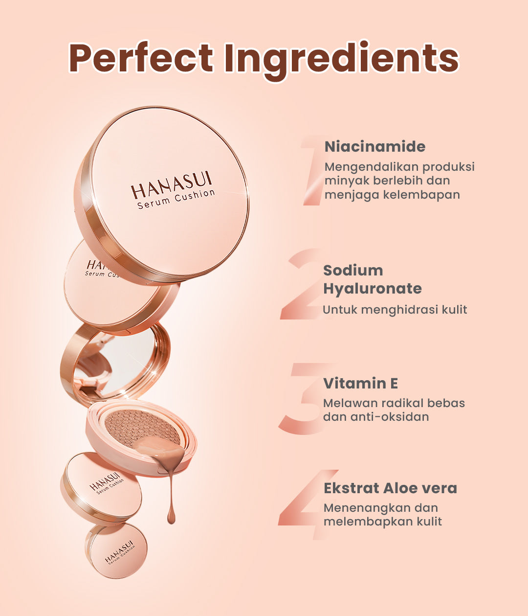 Hanasui Serum Cushion - Flawless Natural Dewy Finish UVA & UVB Protection Perfect Coverage Menyamarkan Pori-Pori Garis Halus Noda Wajah