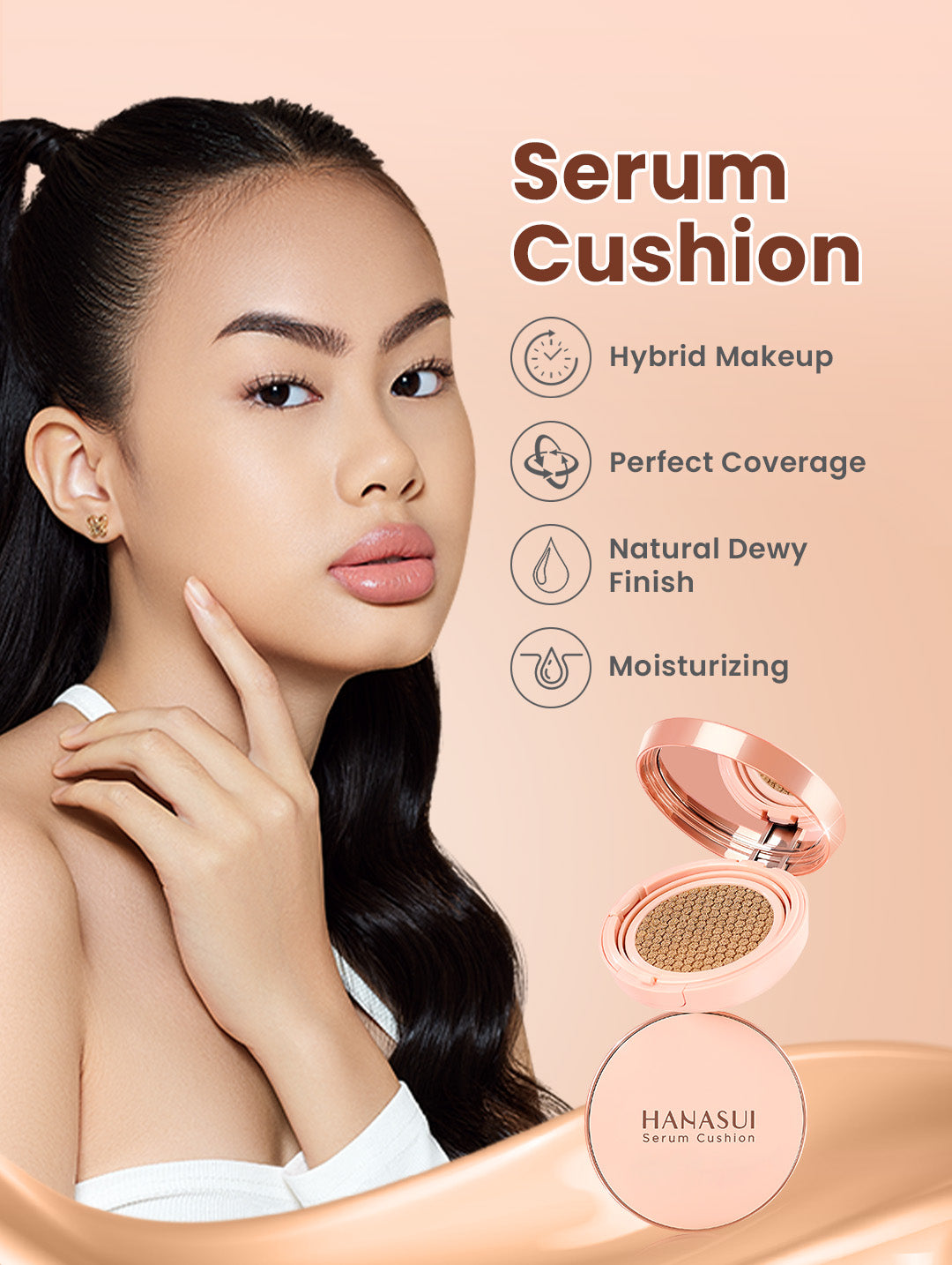 Hanasui Serum Cushion - Flawless Natural Dewy Finish UVA & UVB Protection Perfect Coverage Menyamarkan Pori-Pori Garis Halus Noda Wajah