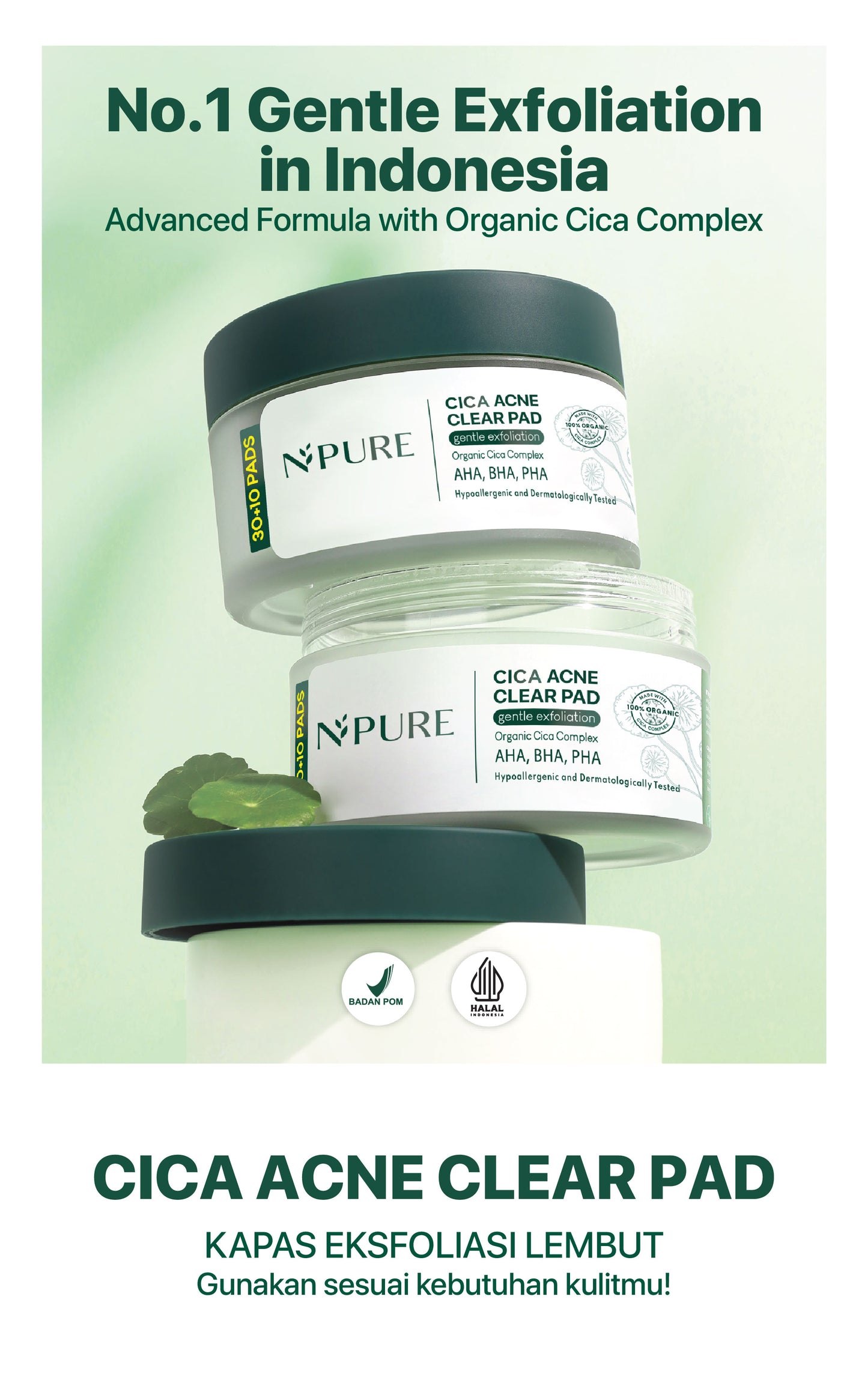 NPURE Gentle Exfoliation Pad / Acne Clear Pad Cica / Kapas Eksfoliasi Kulit Jerawat / Acne Exfoliating Pad (40 pads) Acid Extract Glycolic Pha Wajah Bruntusan