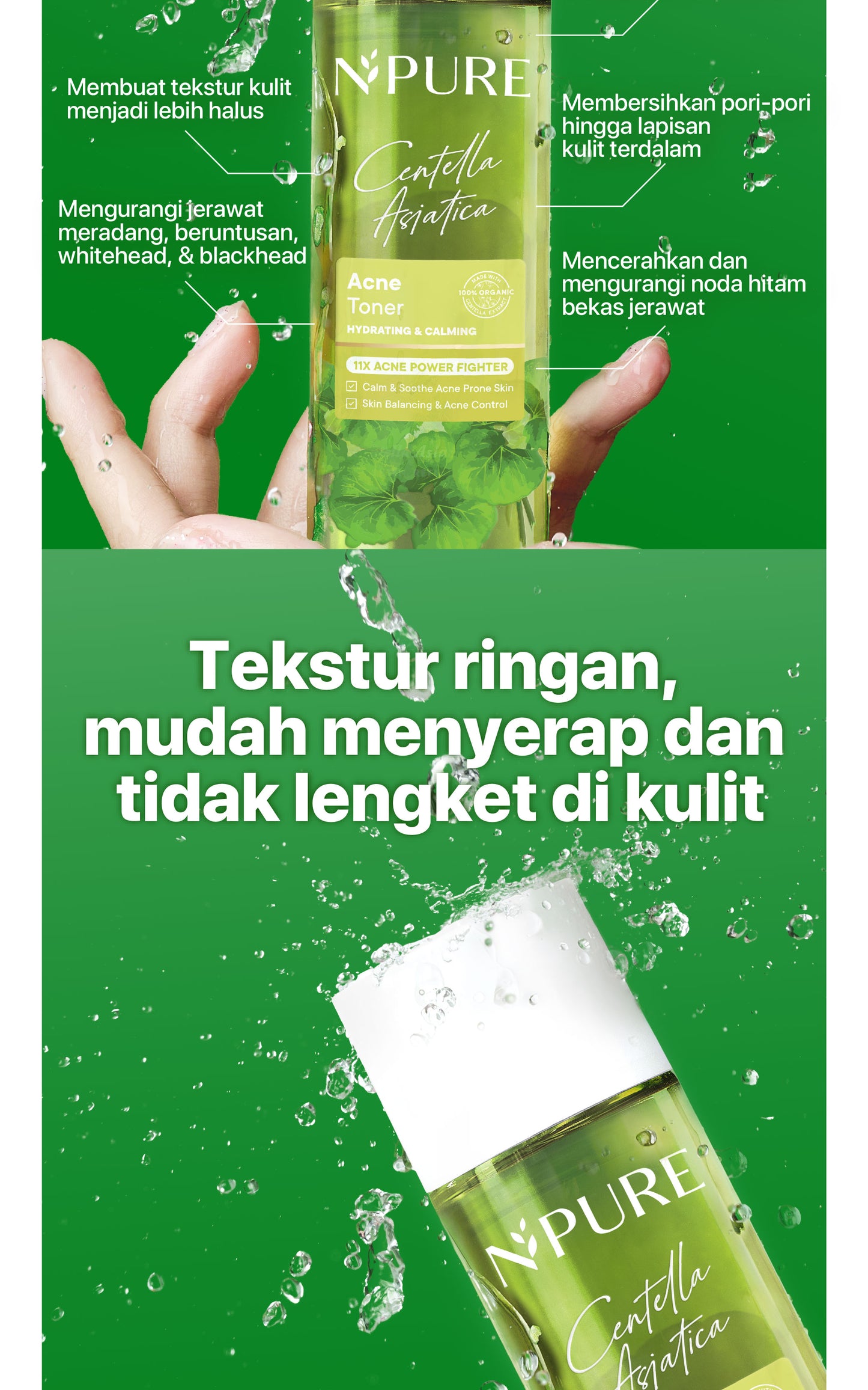 NPURE Cica Hydrating Acne Toner 30ml / Acne Toner / Toner Kulit Jerawat Berminyak - Travel Size Acid Berjerawat Hydrating Mencerahkan Wajah Kotoran