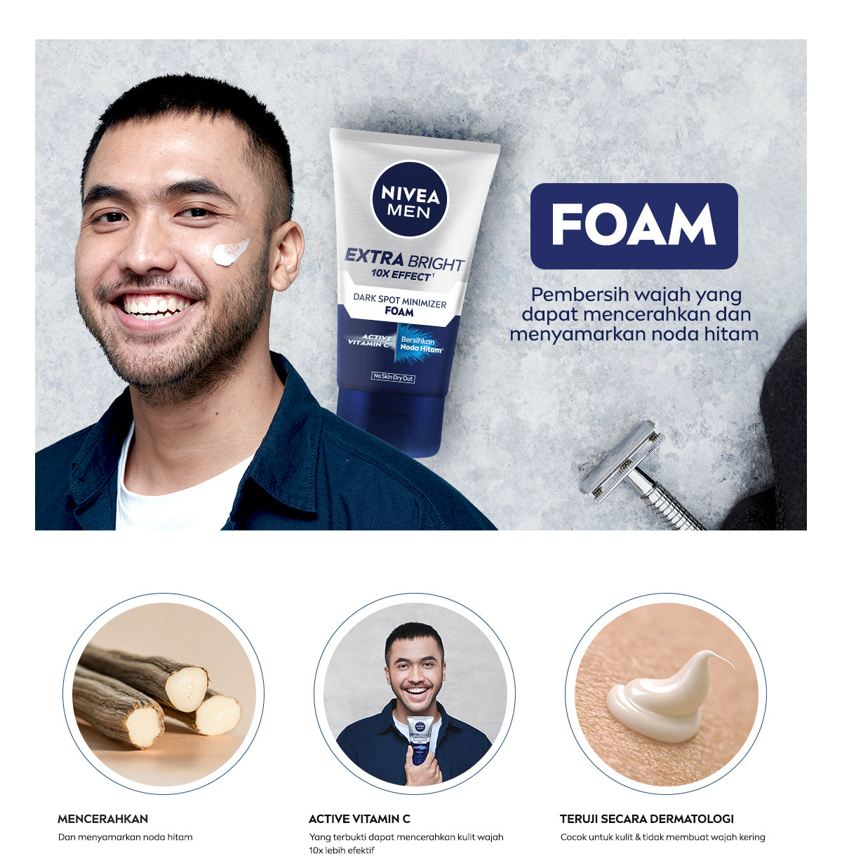 NIVEA MEN Facial Foam Extra Bright Facial Foam 100ml - Sabun cuci muka pria mencerahkan bintik hitam brightening kulit kusam cleanser facial wash pembersih wajah cerah membersihkan pori pori terdalam polusi debu kotoran - Glutathione, AHA, Vitamin C