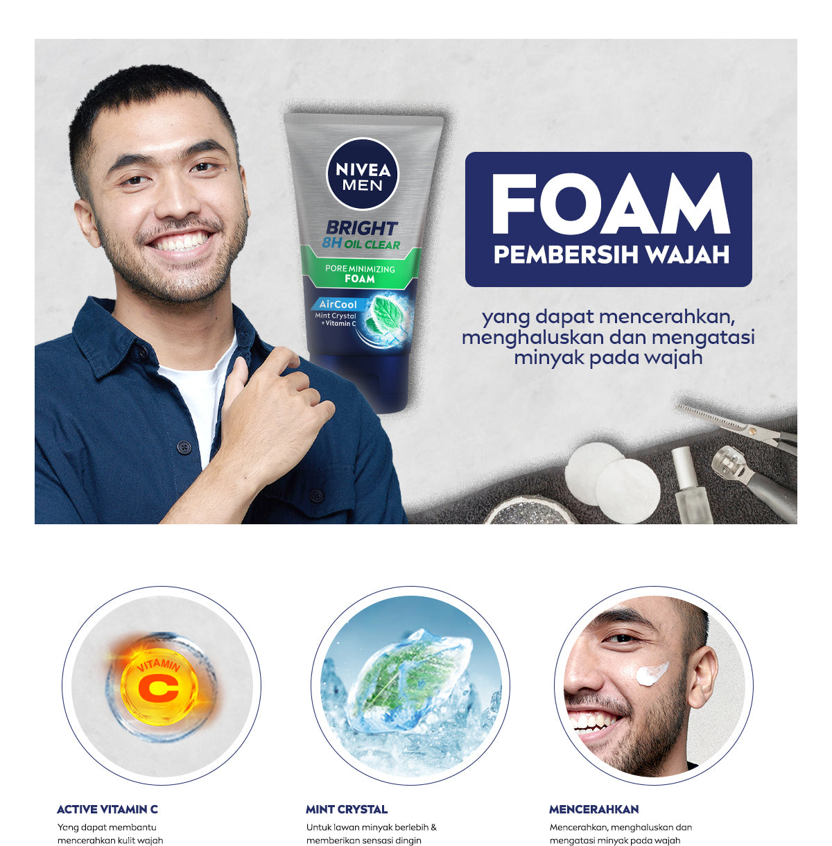NIVEA MEN Facial Foam Bright Oil Clear Pore Minimizing Foam 100ml - Sabun cuci muka pria mencerahkan minyak berlebih berminyak kulit kusam facial wash pembersih wajah cerah mengecilkan pori komedo polusi debu kotoran - Vitamin C, Mint Crystal
