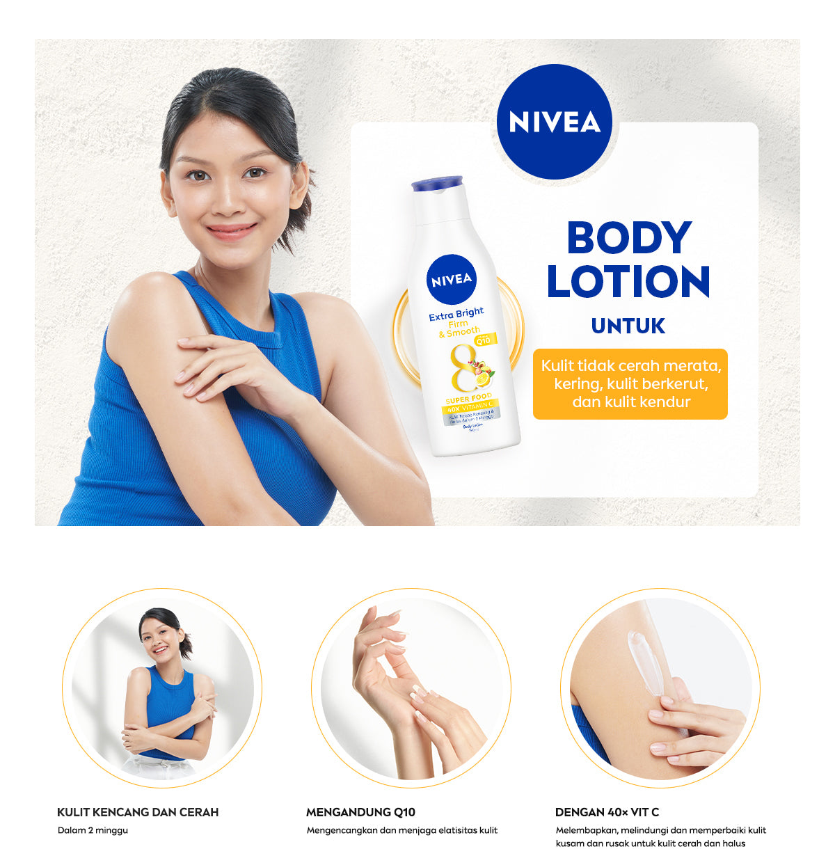 NIVEA Body Lotion Extra Bright Firm & Smooth Q10 190ml - Hand body lotion moisturizer mencerahkan kulit halus lembut badan mengencangkan kulit kendur kencang melembabkan kering anti aging penuaan dini - 40x Vitamin C, UVA UVB Filter, 8 Super food