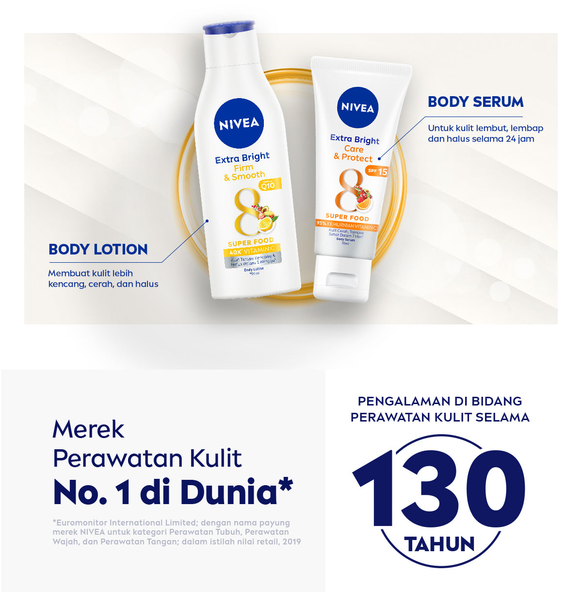 NIVEA Body Lotion Extra Bright Firm & Smooth Q10 190ml - Hand body lotion moisturizer mencerahkan kulit halus lembut badan mengencangkan kulit kendur kencang melembabkan kering anti aging penuaan dini - 40x Vitamin C, UVA UVB Filter, 8 Super food