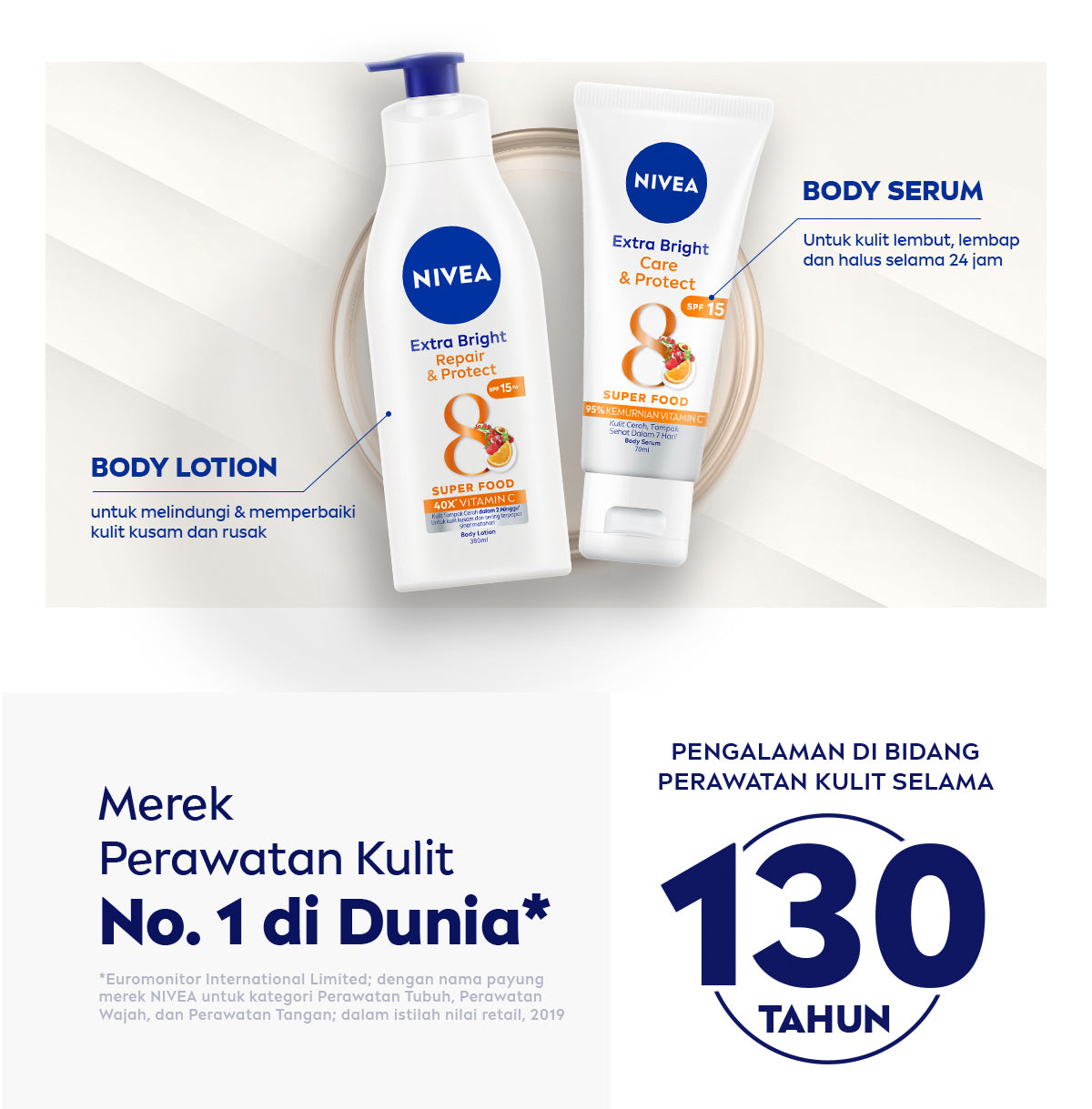 NIVEA Body Lotion Extra Bright Repair & Protect SPF15 380ml - Hand body lotion moisturizer mencerahkan kulit kusam rusak badan glowing brightening tone up melembabkan kering SPF UV matahari sunscreen - 40x Vitamin C, Grapeseed oil, 8 Super food