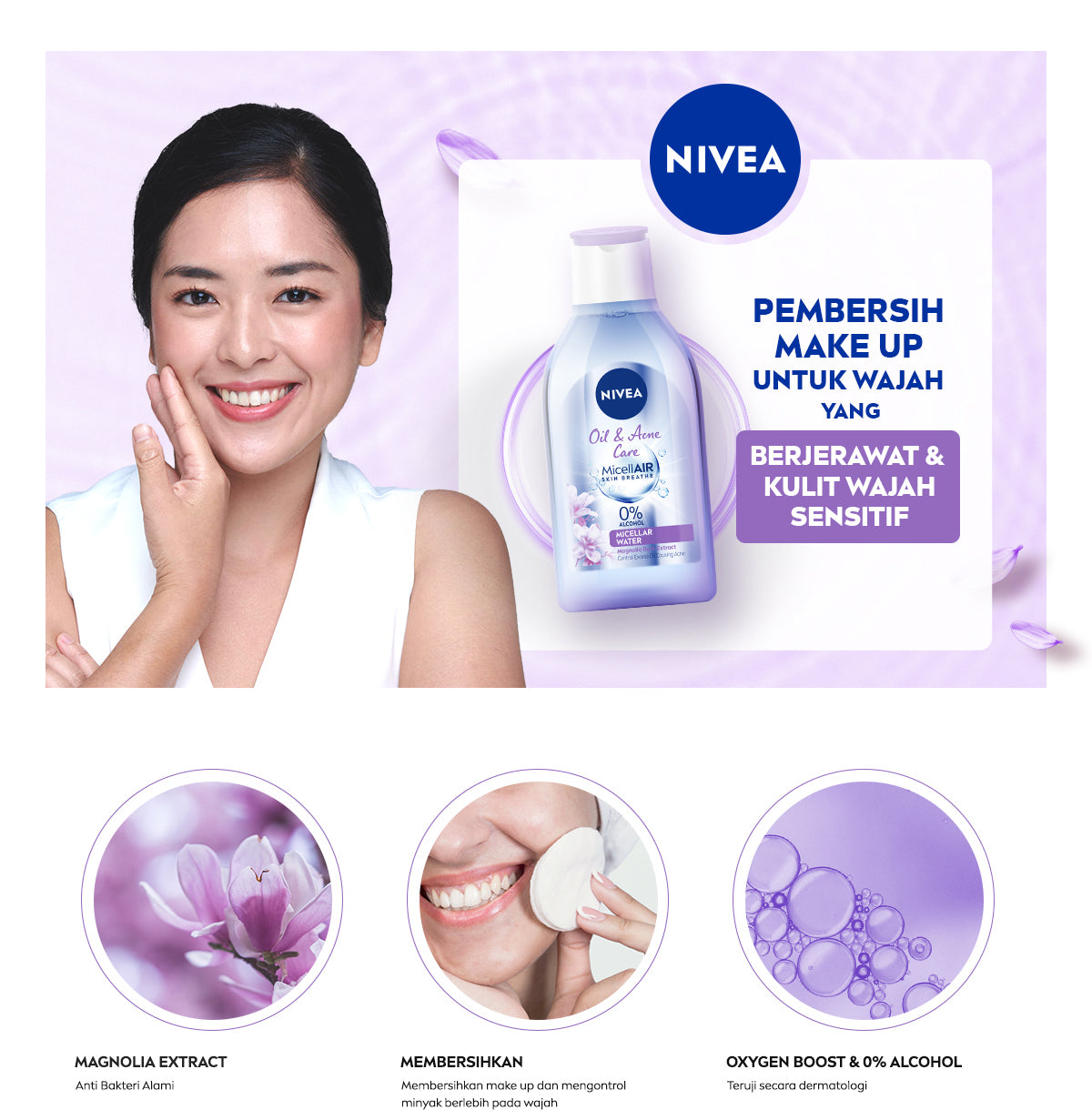NIVEA Micellar Water MicellAir Oil & Acne Care 125ml - Pembersih make up aman untuk kulit berminyak jerawat sensitif oily acne prone skin penghapus riasan wajah double cleansing tanpa alkohol - Magnolia Bark Extract, 0% Alcohol