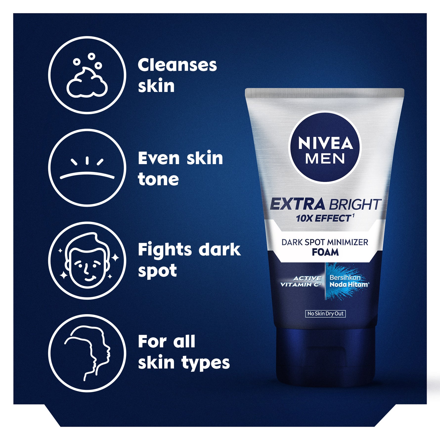 NIVEA MEN Facial Foam Extra Bright Facial Foam 50ml - Sabun cuci muka pria mencerahkan bintik hitam brightening kulit kusam cleanser facial wash pembersih wajah cerah membersihkan pori pori terdalam polusi debu kotoran - Glutathione, AHA, Vitamin C