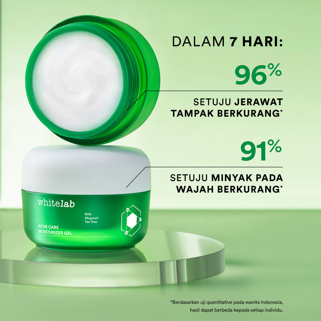 Whitelab Acne Care Moisturizer Gel - Pelembap Kulit Wajah untuk Mengurangi dan Meredakan Jerawat Pagi Malam dengan BHA, Mugwort & Tea Tree [BPOM]