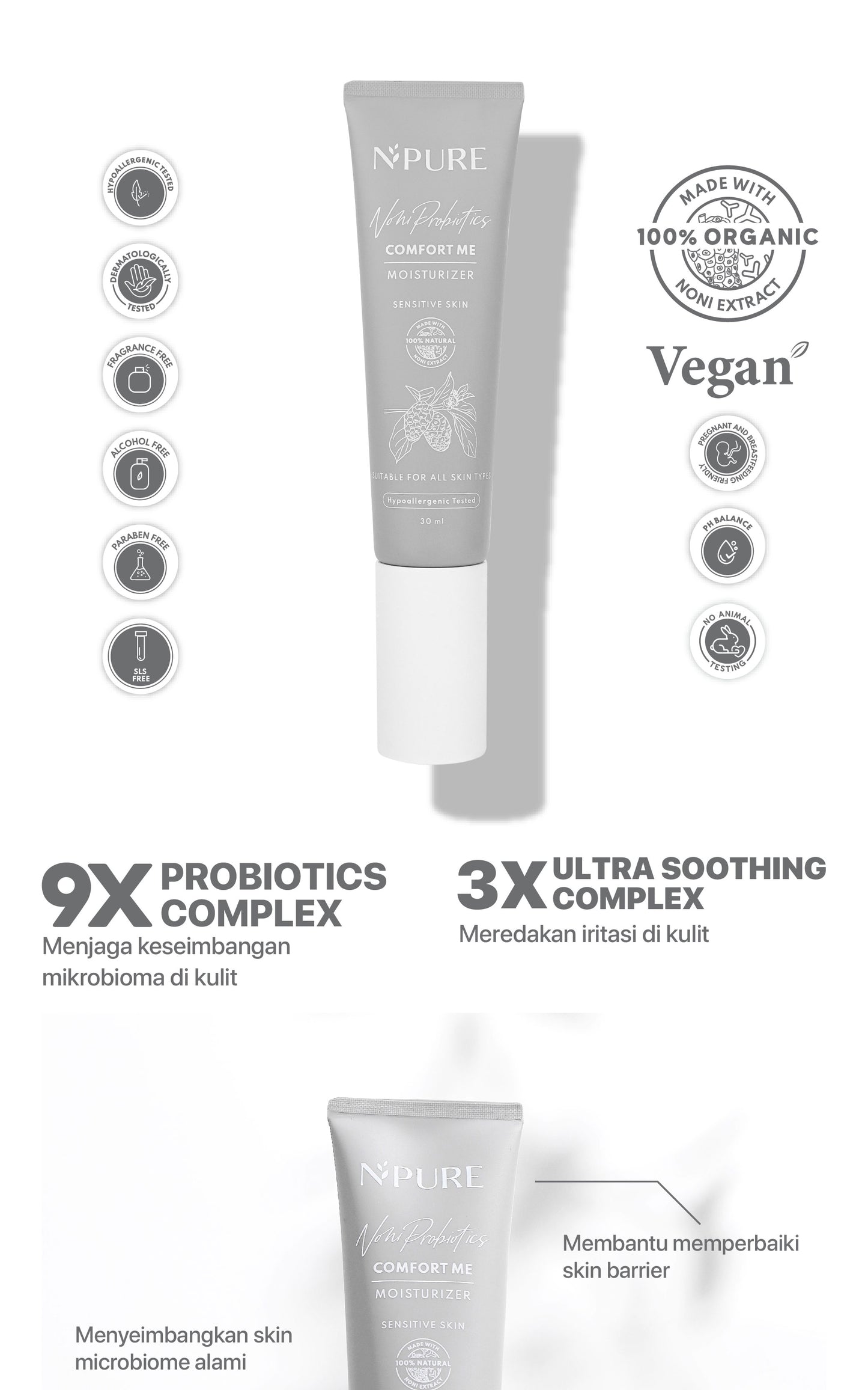 NPURE Moisturizer Noni / Comfort Me / Moisturizer Kulit Sensitif / Pelembap Ringan Hypoallergenic / ph Balance / Semua Jenis Kulit / Eczema