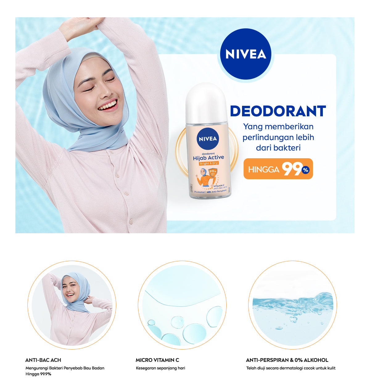 NIVEA Deodorant Roll On Brightening Anti Bacterial 50ml - Deodoran wanita hijab antiperspirant dan anti bakteri tahan bau keringat badan dengan wangi segar tahan lama seharian - Micro Vitamin C, 0% alkohol cocok untuk semua jenis kulit