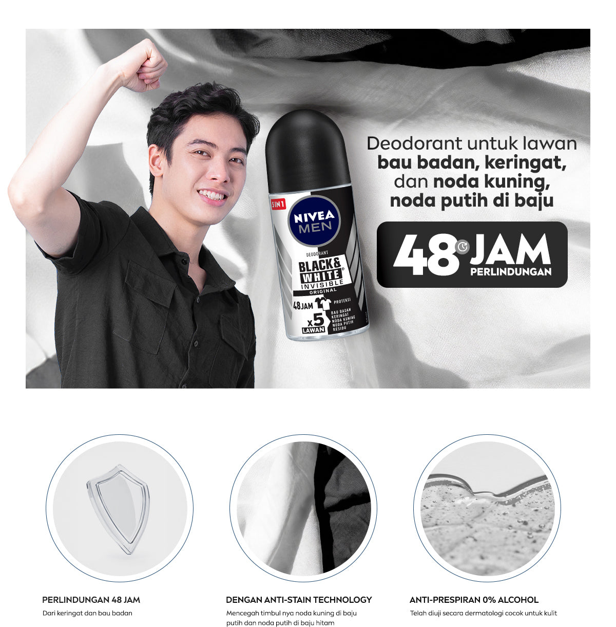 NIVEA MEN Deodorant Roll On Black & White Invisible Original 50ml - Deodoran pria melawan bakteri keringat bau badan dengan teknologi anti noda kuning putih dan residu wangi maskulin segar seharian - Antiperspiran, tidak mengandung ethyl alkohol