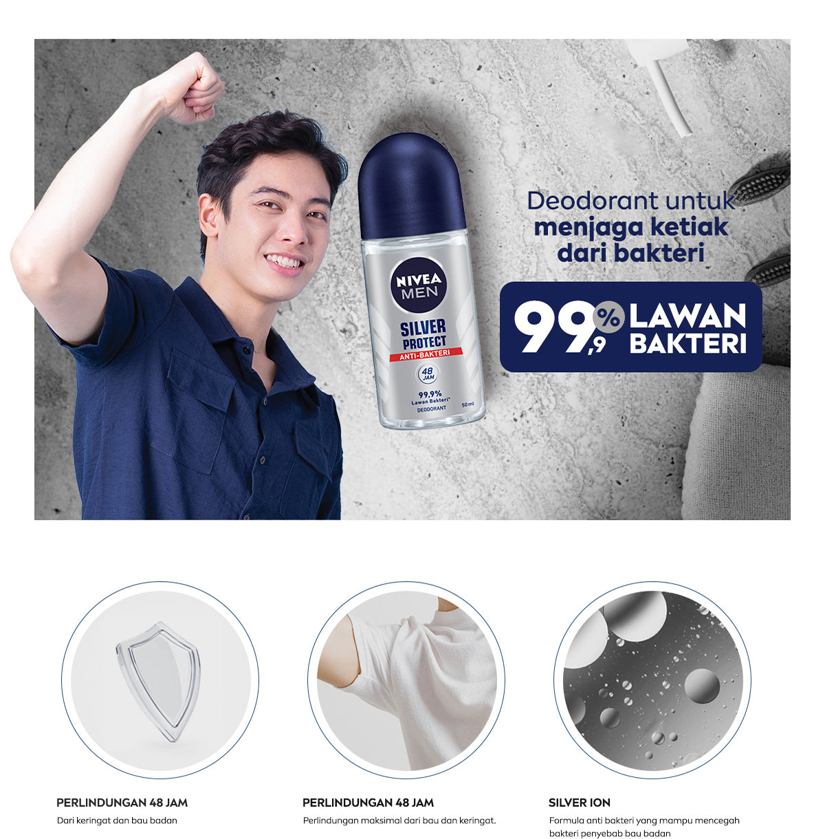 NIVEA MEN Deodorant Roll On Silver Protect 50ml - Deodoran pria anti bakteri antiperspirant anti noda baju wangi segar ketiak kering tahan lama seharian tahan keringat anti bau - Antiperspiran, tidak mengandung ethyl alkohol