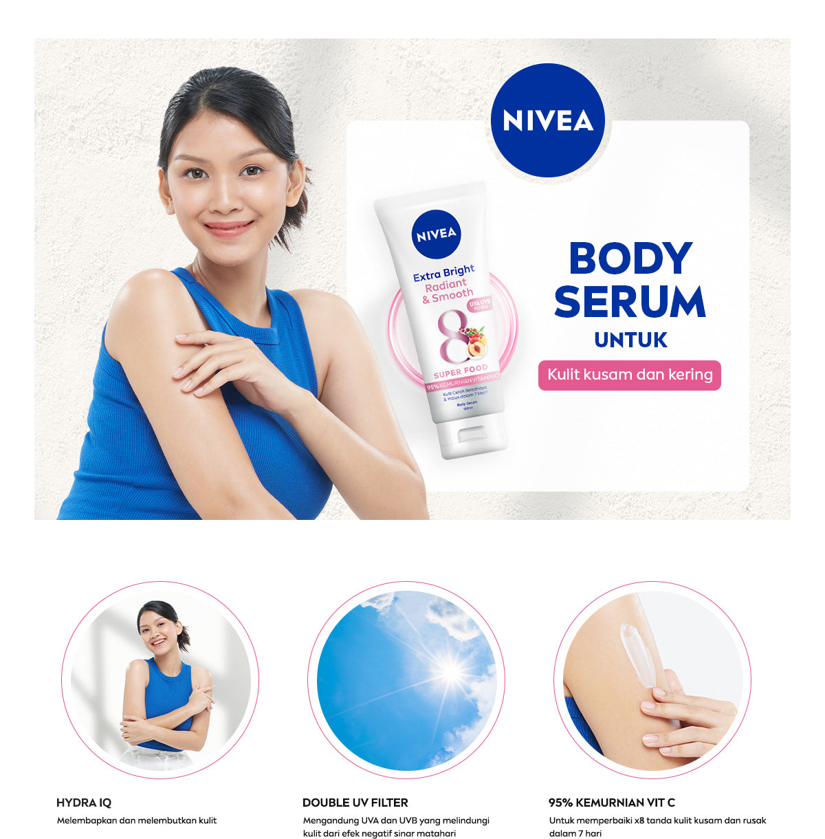 NIVEA Body Serum Extra Bright Radiant & Smooth UV Filter 180ml - Hand body serum lotion moisturizer mencerahkan kulit kusam halus lembut badan glowing brightening tone up serum melembabkan kulit kering - 95% Vitamin C, UVA UVB Filter, 8 Super food