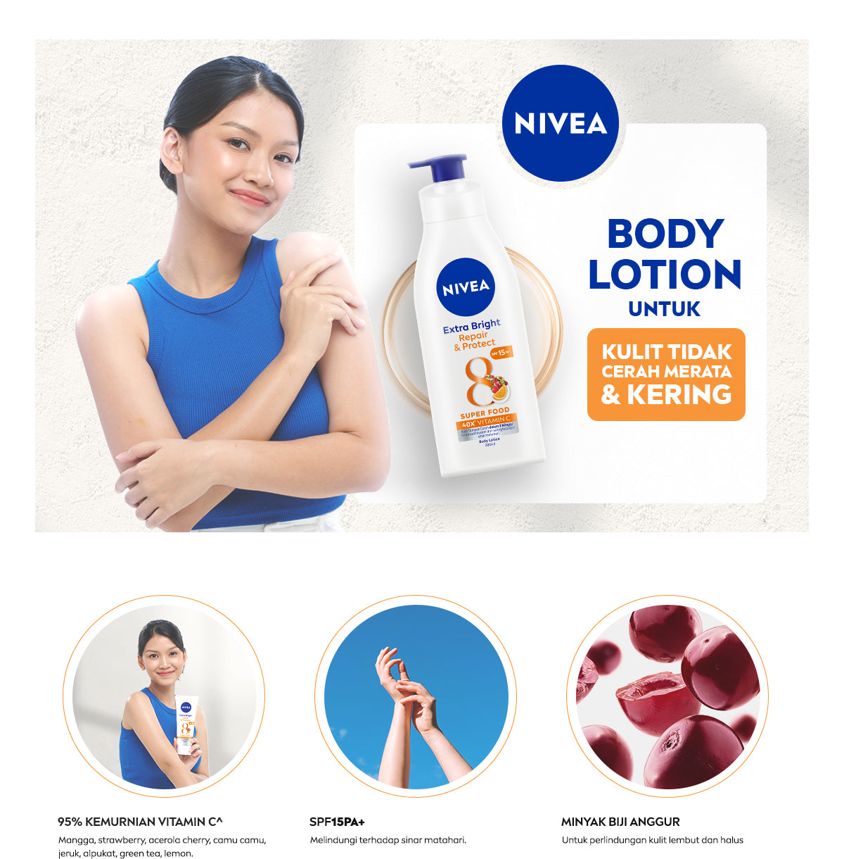 NIVEA Body Lotion Extra Bright Repair & Protect SPF15 380ml - Hand body lotion moisturizer mencerahkan kulit kusam rusak badan glowing brightening tone up melembabkan kering SPF UV matahari sunscreen - 40x Vitamin C, Grapeseed oil, 8 Super food