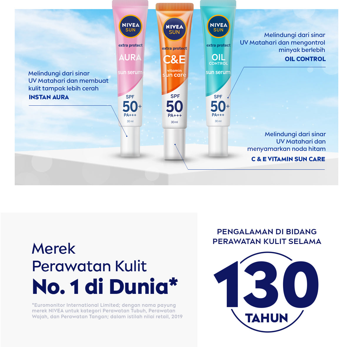NIVEA SUN Sunscreen Face Serum Extra Protect Instant Aura SPF50+ PA+++ 30ml - Sunscreen wajah serum sunblock mencerahkan brightening tone up SPF UV harian lightweight gel tekstur ringan cepat meresap tidak lengket no whitecast - Licorice Extract