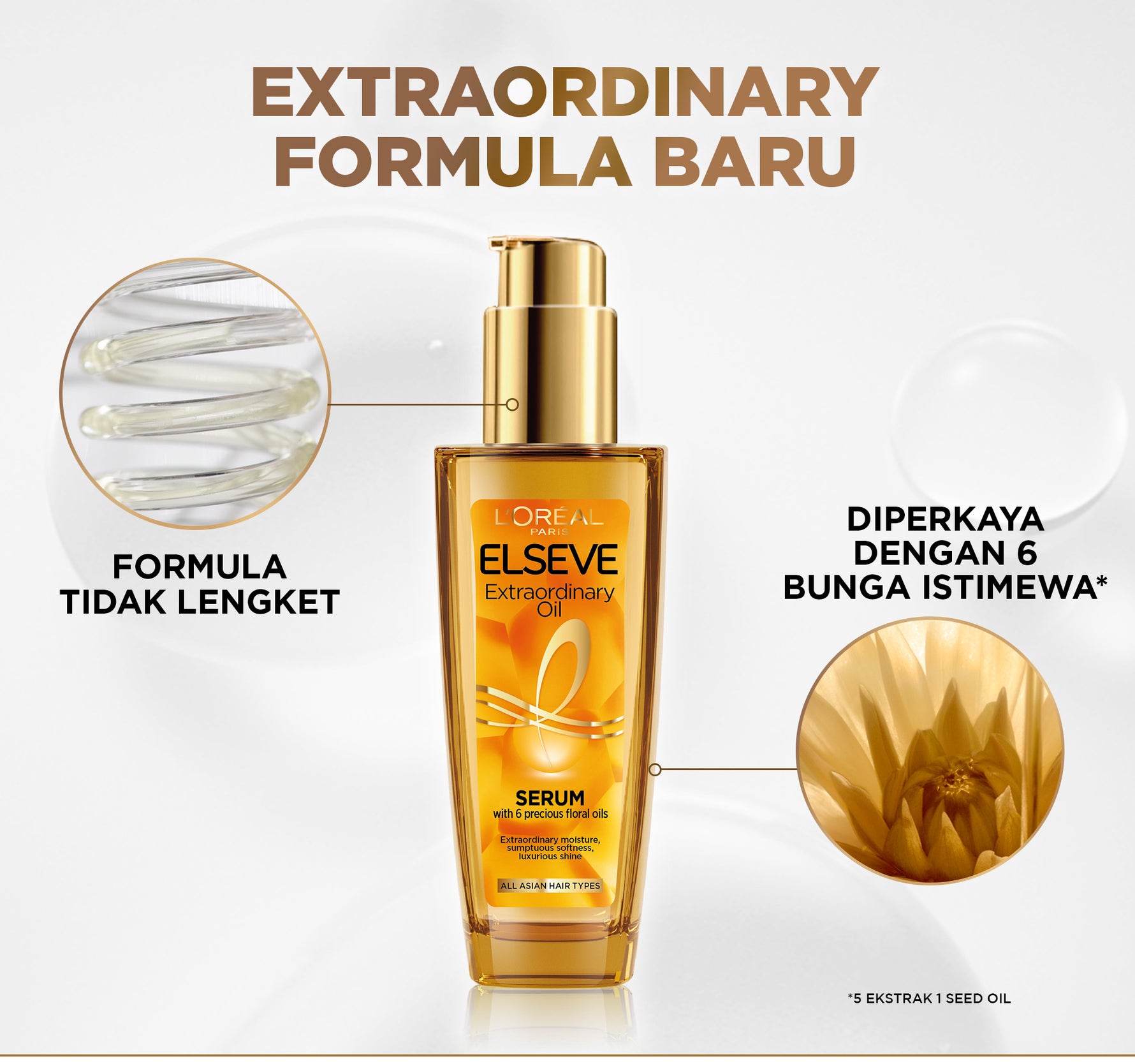 L'Oreal Paris Elseve Extraordinary Oil Gold Hair Treatment Serum 30ml -  Rambut Halus Berkilau dalam Satu Pemakaian - dari Bunga Istimewa Omega 3 - Perawatan Rambut Vitamin Rambut 30ml   Hair oil