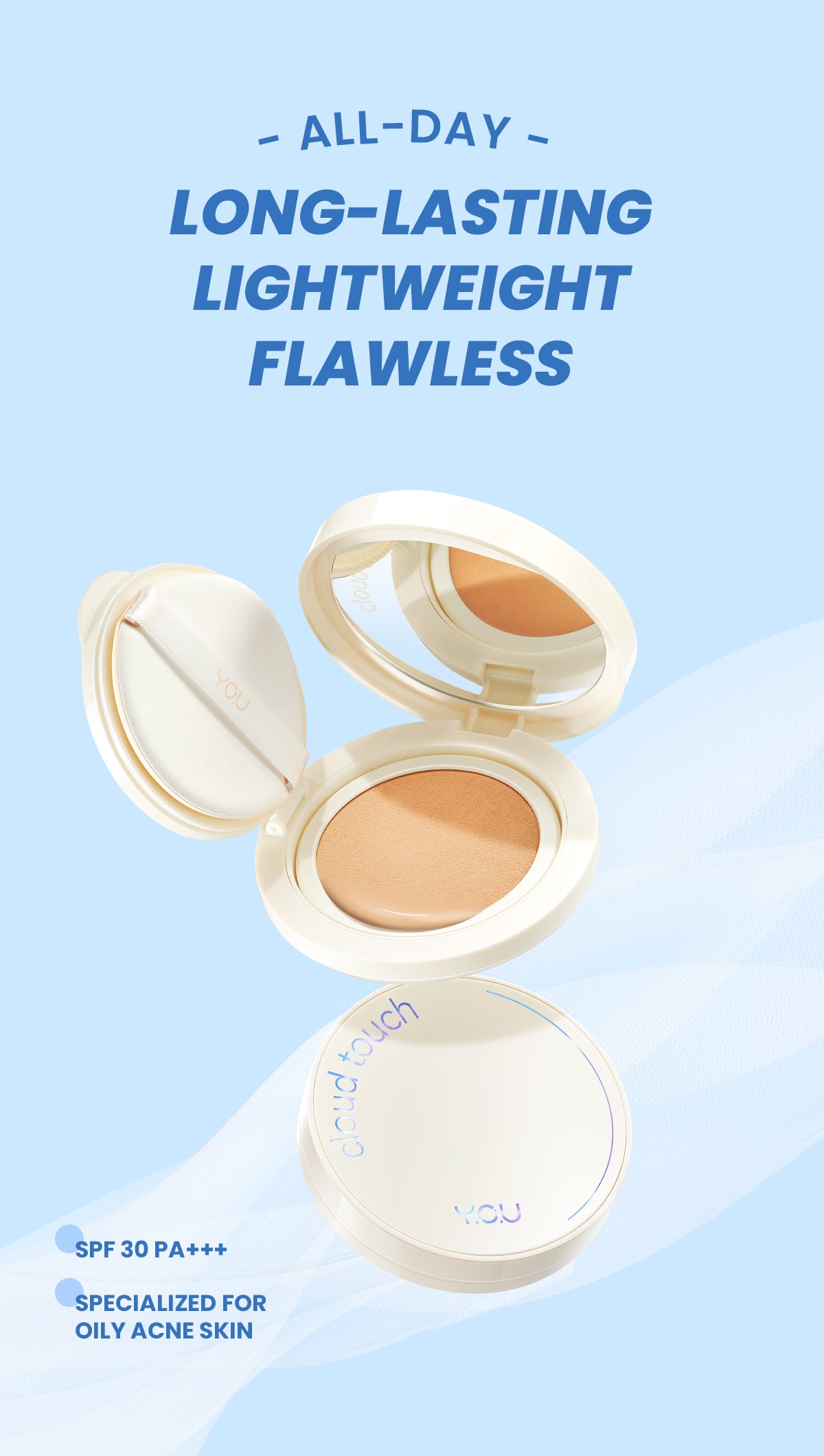 YOU Cloud Touch Dreamy-fit Lasting Mesh Cushion Cushion Foundation Natural Matte Finish Tahan Lama 24 Bedak Wajah SPF Kosmetik