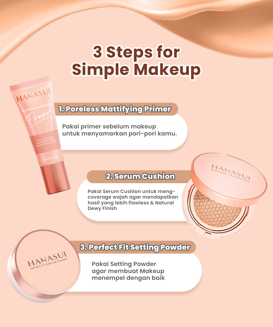 Hanasui Serum Cushion - Flawless Natural Dewy Finish UVA & UVB Protection Perfect Coverage Menyamarkan Pori-Pori Garis Halus Noda Wajah