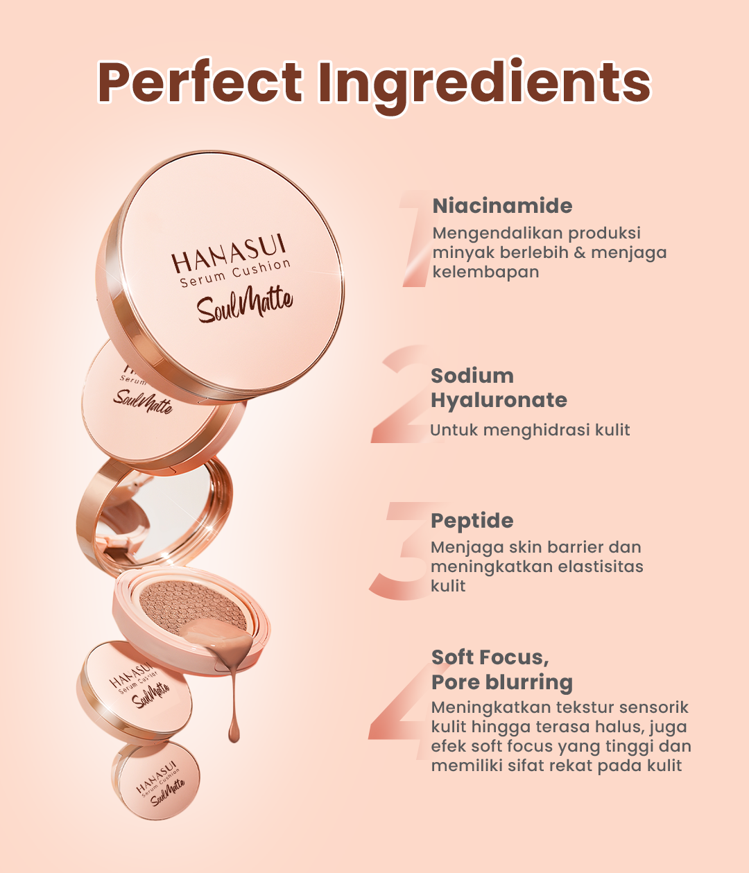 Hanasui Serum Cushion Soulmatte - Matte Finish UVA & UVB Protection Perfect Coverage Menyamarkan Pori-Pori Garis Halus Noda Wajah