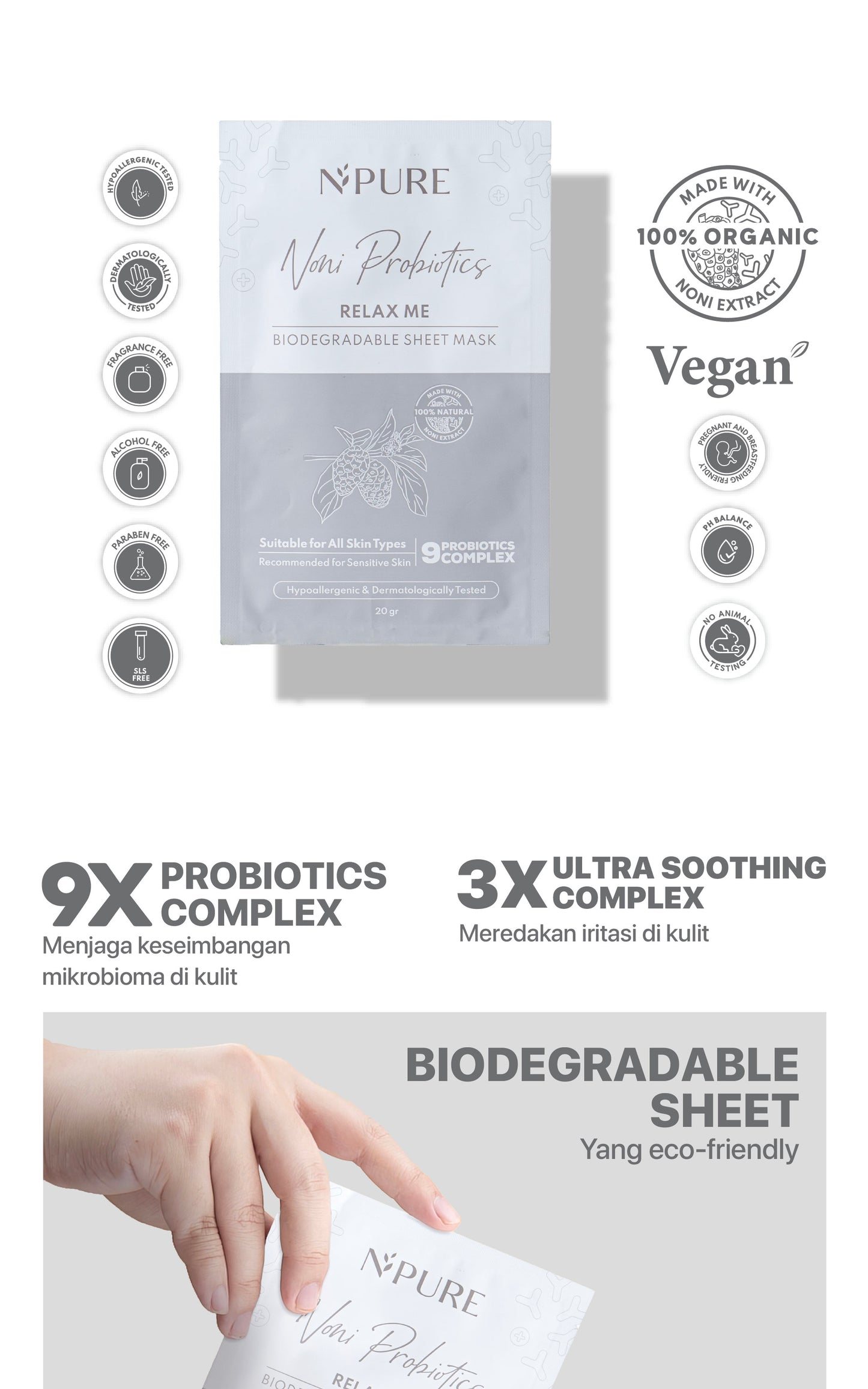 NPURE Sheet Mask Noni / Relax Me / Masker Wajah Kulit Sensitif Kemerahan Hypoallergenic / Biodegradable/ Ceramide