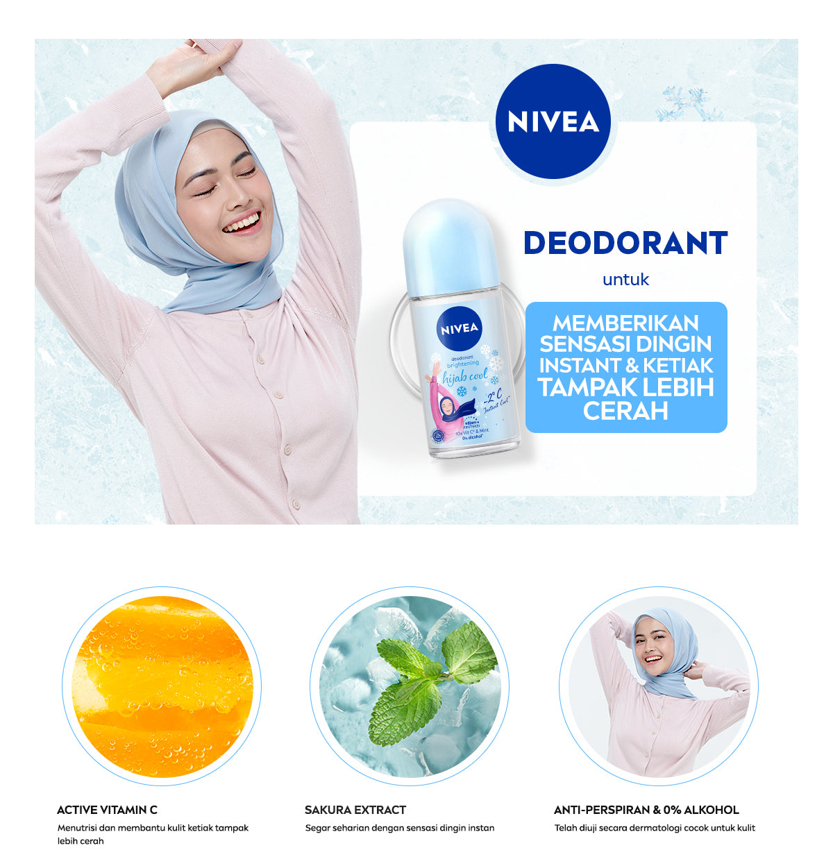 NIVEA Deodorant Roll On Brightening Hijab Cool 50ml - Deodoran wanita hijab halal mencerahkan brightening kulit ketiak tahan keringat bau badan sensasi dingin instant wangi segar tahan lama seharian - Antiperspiran, Ekstrak Mint, Halal