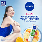 NIVEA Body Serum Extra Bright 10 Super Vitamins Youth Protect SPF15 180ml - Hand body serum lotion moisturizer mencerahkan kulit mengencangkan kulit kendur kencang melembabkan kering anti aging penuaan dini - 150x Vitamin C, Collagen, antioksidan