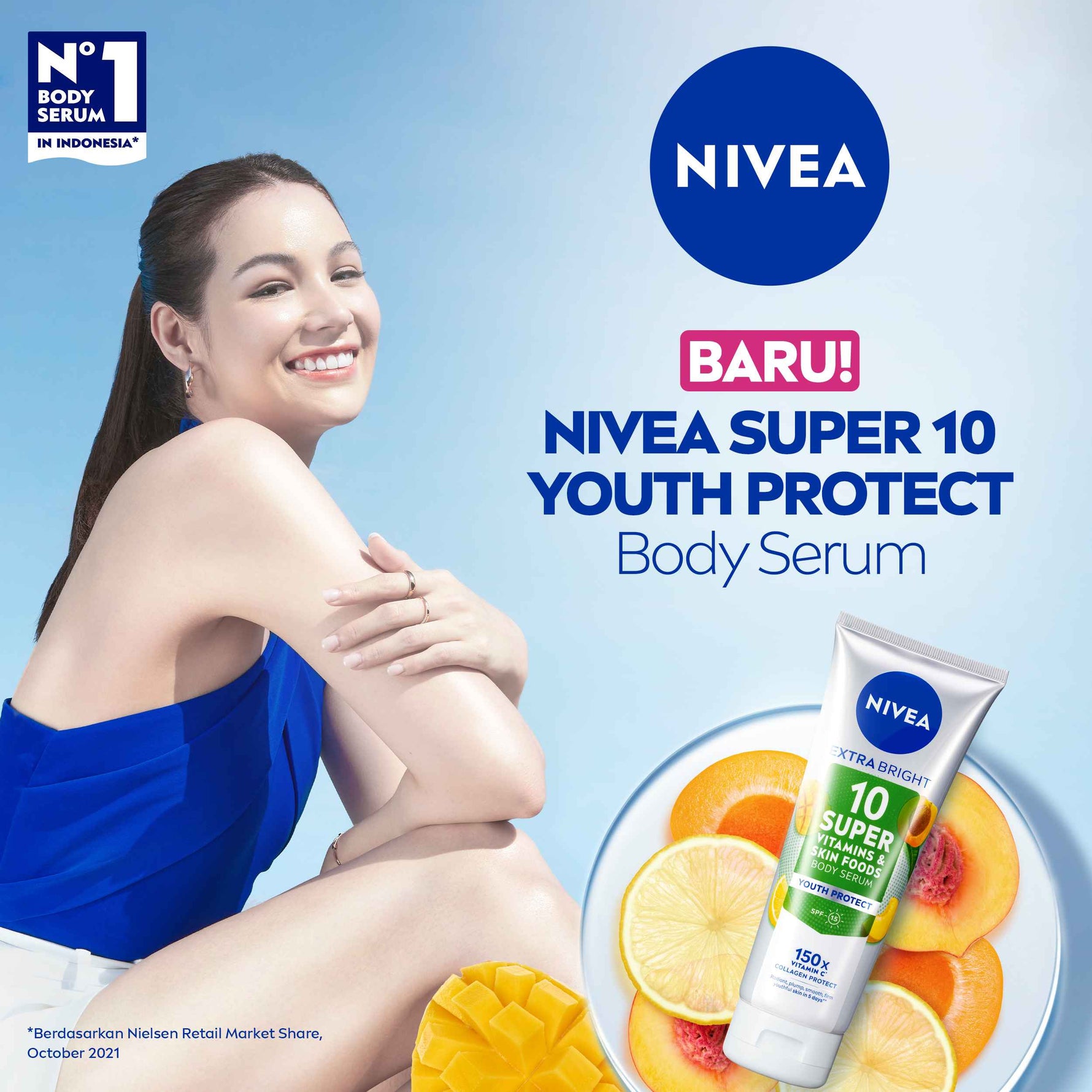 NIVEA Body Serum Extra Bright 10 Super Vitamins Youth Protect SPF15 180ml - Hand body serum lotion moisturizer mencerahkan kulit mengencangkan kulit kendur kencang melembabkan kering anti aging penuaan dini - 150x Vitamin C, Collagen, antioksidan