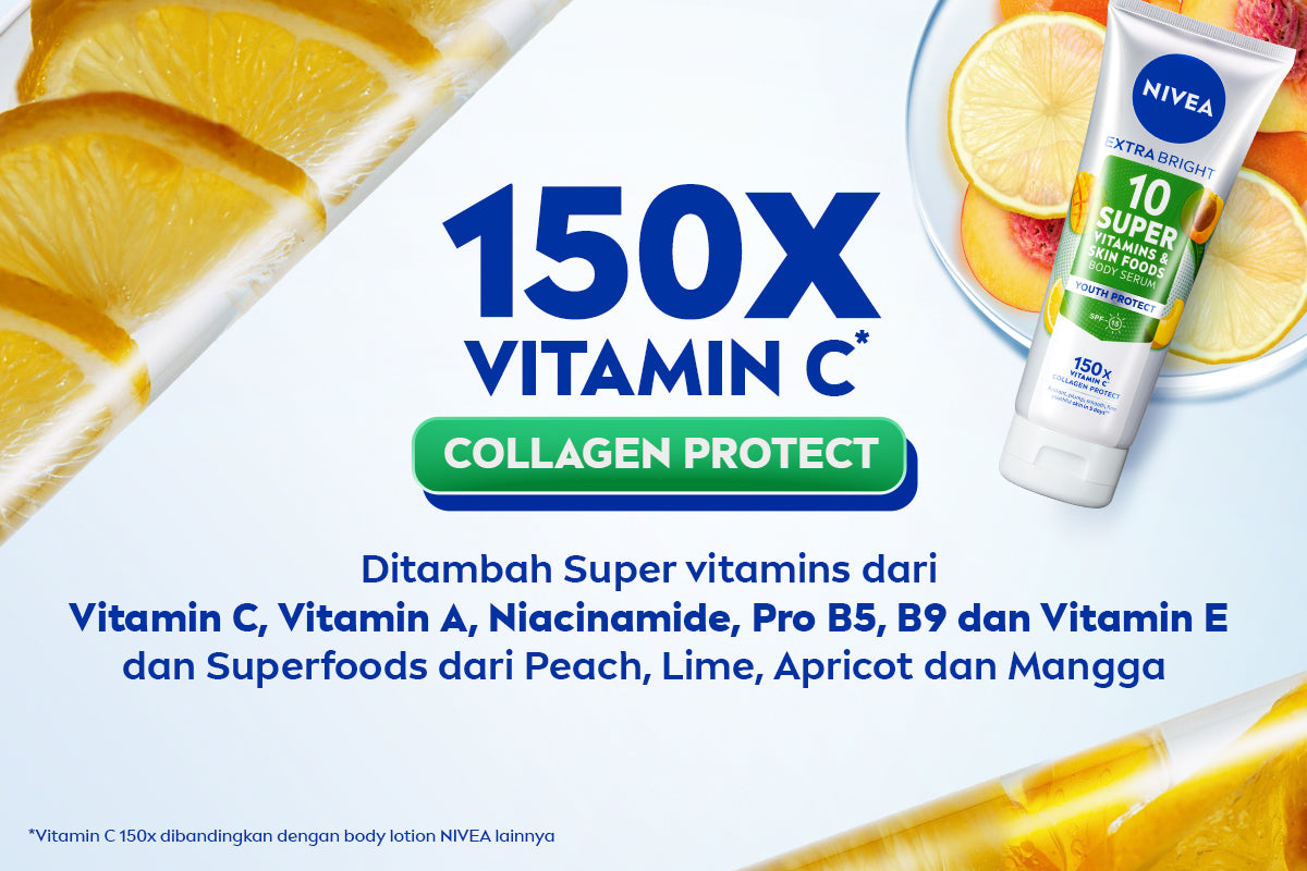 NIVEA Body Serum Extra Bright 10 Super Vitamins Youth Protect SPF15 180ml - Hand body serum lotion moisturizer mencerahkan kulit mengencangkan kulit kendur kencang melembabkan kering anti aging penuaan dini - 150x Vitamin C, Collagen, antioksidan