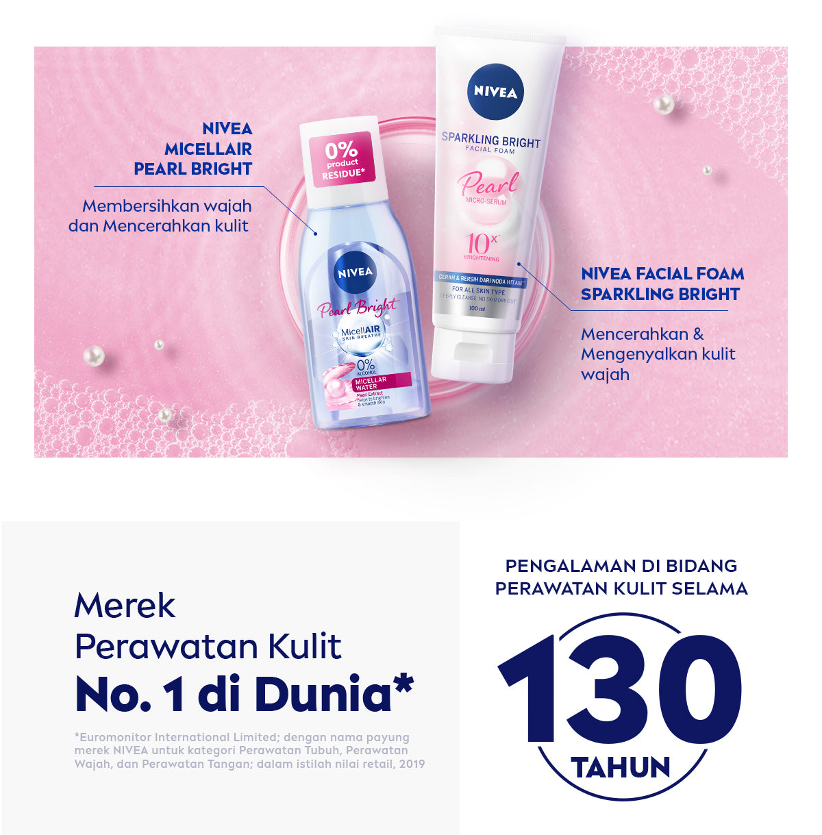 NIVEA Facial Foam Sparkling Bright 100ml - Sabun cuci muka wanita mencerahkan brightening glowing kulit kenyal bintik hitam brightening kulit kusam cleanser facial wash pembersih wajah cerah - Pearl Micro Serum, Rucinol, Licorice, Vitamin C