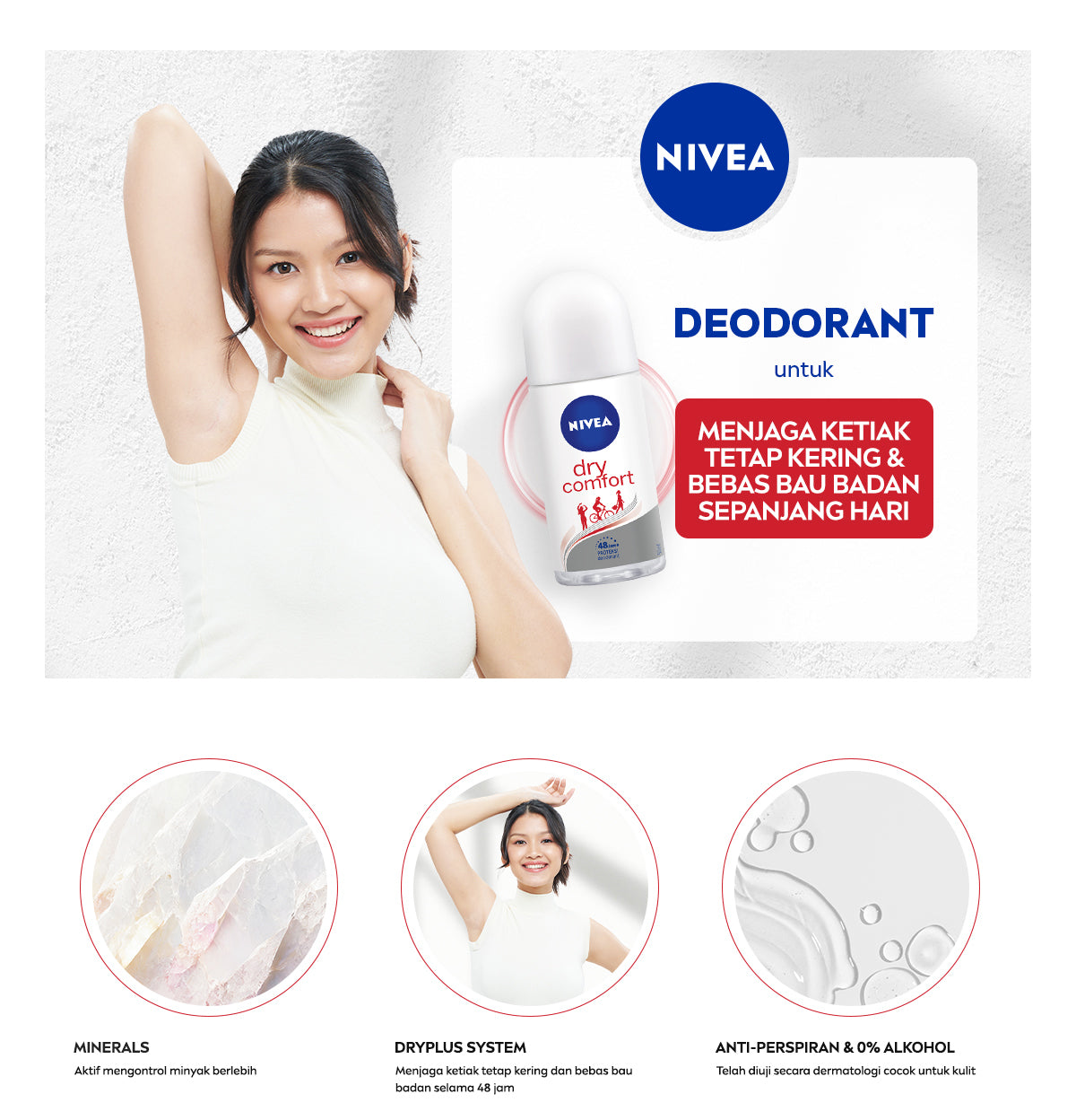 NIVEA Deodorant Roll On Dry Comfort 50ml - Deodoran wanita kering mengontrol minyak anti bau keringat dan bakteri dengan aroma lembut segar tahan lama seharian - Antiperspiran, tidak mengandung ethyl alkohol cocok untuk semua jenis kulit