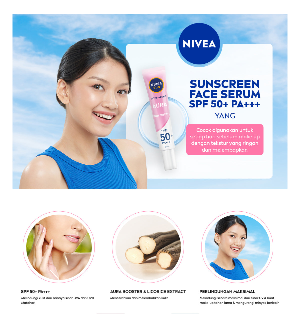 NIVEA SUN Sunscreen Face Serum Extra Protect Instant Aura SPF50+ PA+++ 30ml - Sunscreen wajah serum sunblock mencerahkan brightening tone up SPF UV harian lightweight gel tekstur ringan cepat meresap tidak lengket no whitecast - Licorice Extract