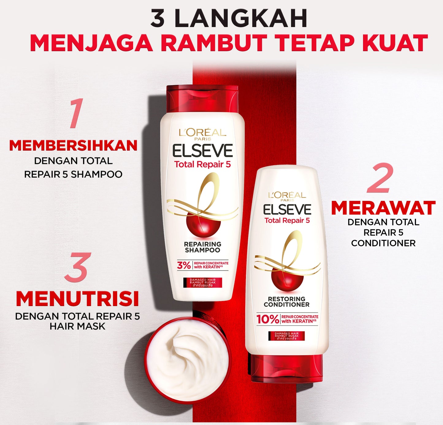 [PAKET HEMAT] L'Oreal Paris Elseve Total Repair 5 Repairing Shampoo 410ml dan Conditioner 155ml  Hair Care dengan Ceramide - Melawan dan Memperbaiki Tanda Rambut Rusak Paket Shampoo 410ml dan Conditioner 155ml Rambut Rusak Damage Hair Conditioner