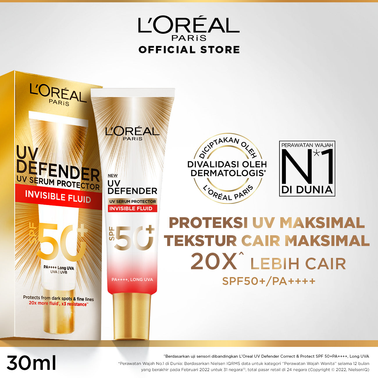 L'Oreal Paris UV Defender SPF 50+ PA++++ 30ml - Long UVA Skincare L'Oreal Untuk Melindungi Kulit Dari Tanda Penuaan Oleh Sinar UV